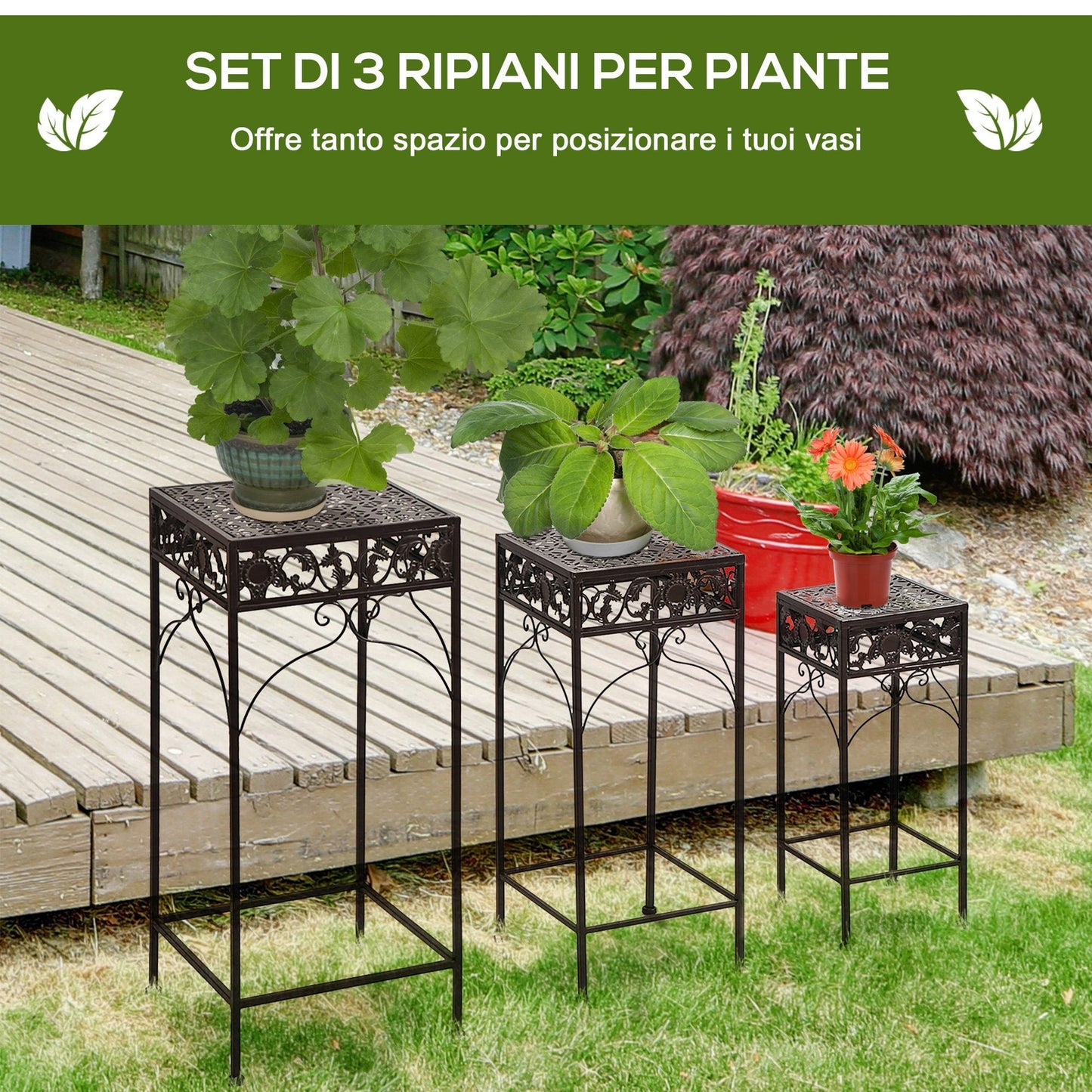 Set of 3 pieces stools support for classic iron plants, brown - Borgè