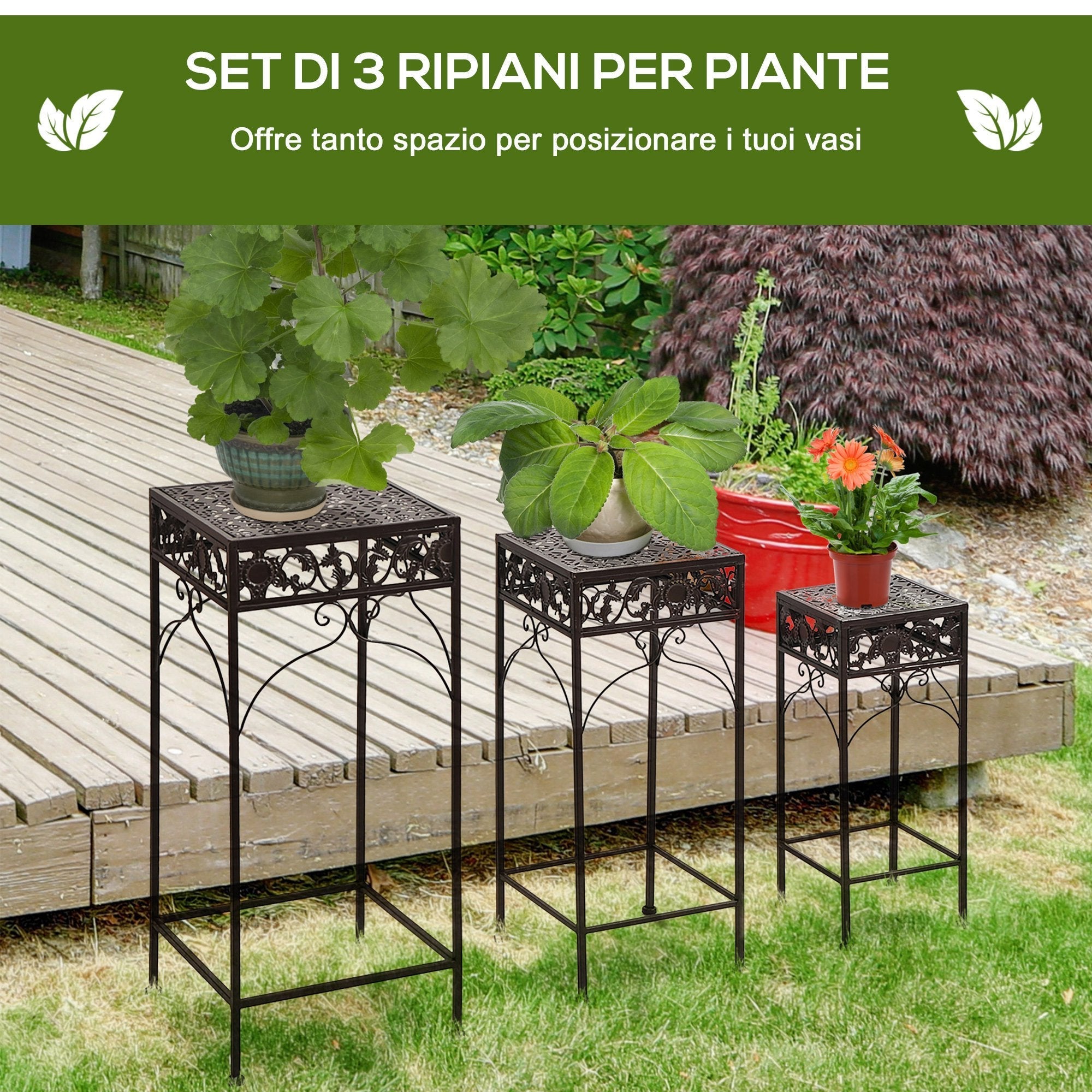 Set of 3 pieces stools support for classic iron plants, brown - Borge' Group Limited