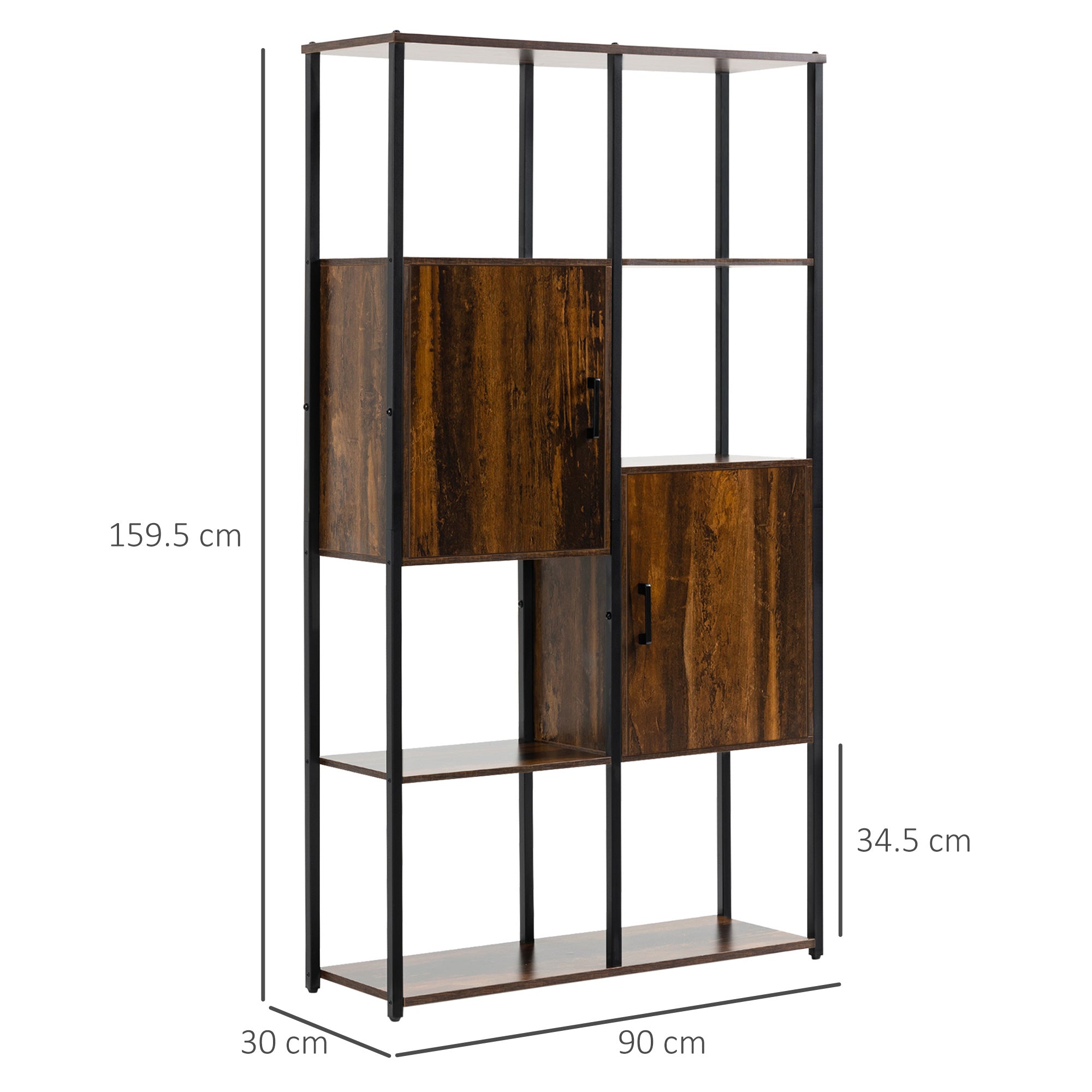 Homond industrial style bookcase with 4 shelves and 2 lockers, 90x30x159.5cm, black and brown - Borgè