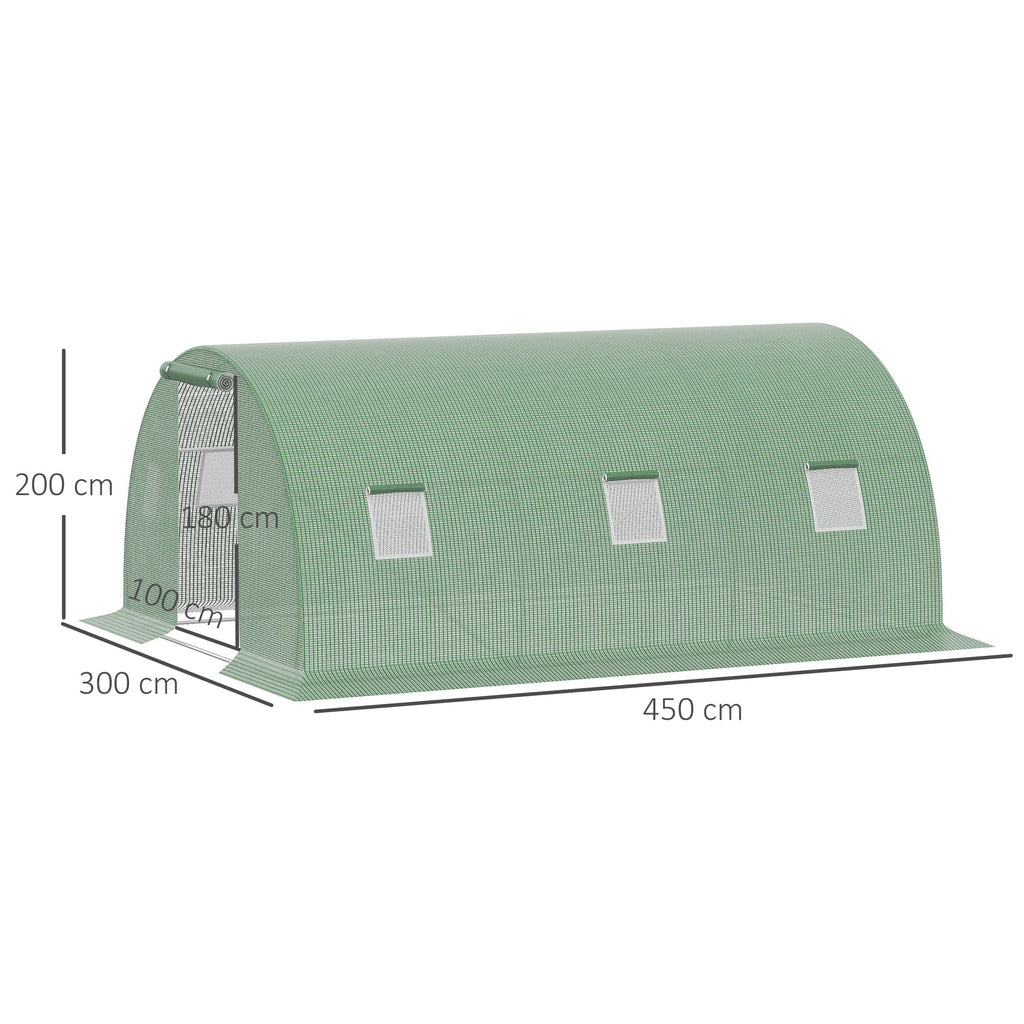 4.5x3x2m Outdoor Tunnel Greenhouse with PE Cover, Zippered Door and 6 Windows, Green - Borge' Group Limited