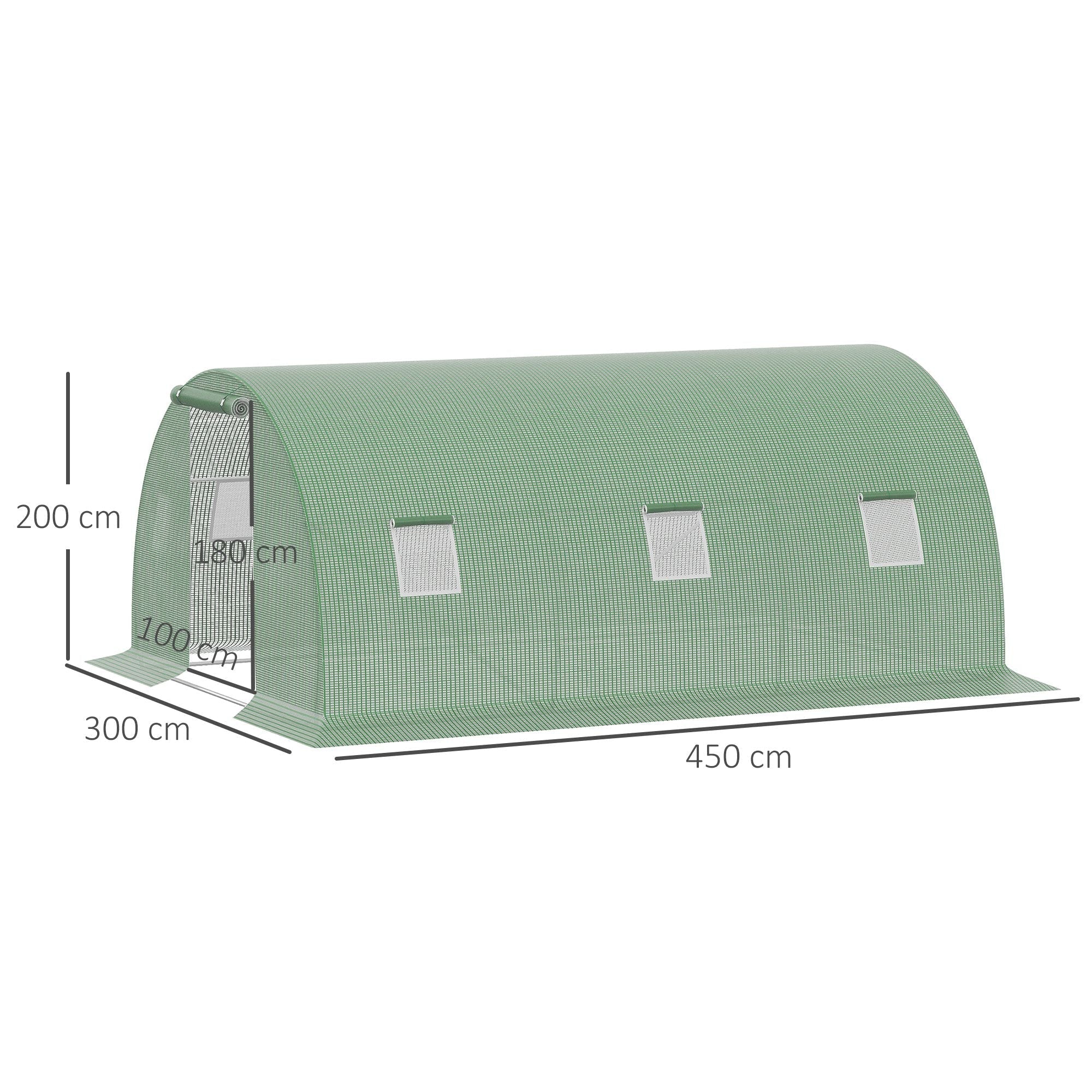 4.5x3x2m Outdoor Tunnel Greenhouse with PE Cover, Zippered Door and 6 Windows, Green - Borge' Group Limited