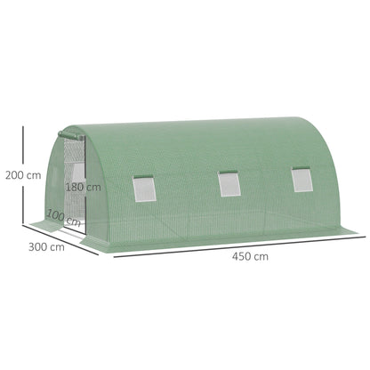 Outsunny 4.5x3x2m Outdoor Tunnel Greenhouse with PE Cover, Zippered Door and 6 Windows, Green - Borgè