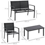 Outdoor Lounge Set, 4 Piece Set with 1 Coffee Table, 2 Garden Chairs and 1 Metal Bench, Black - Borge' Group Limited