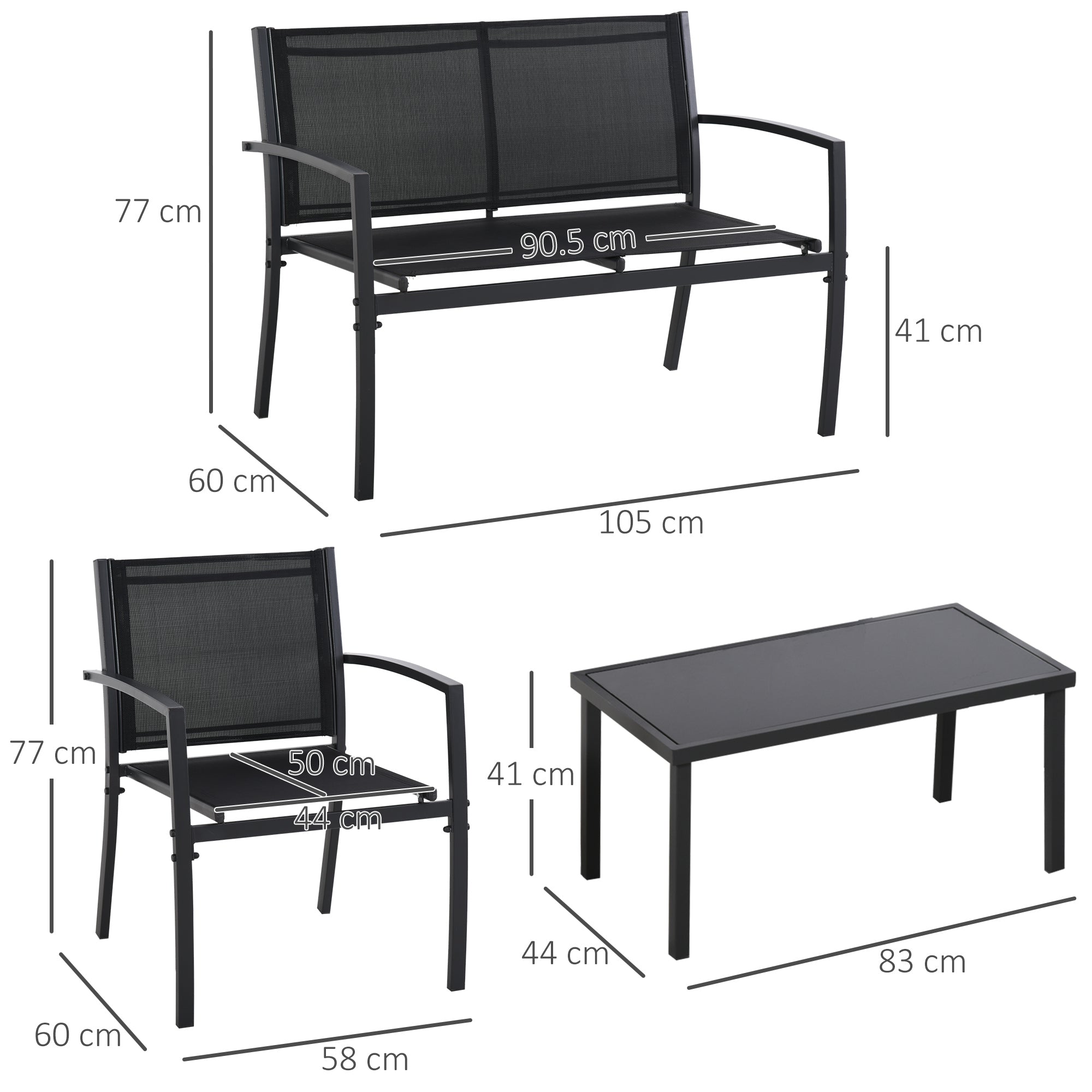 Outdoor Lounge Set, 4 Piece Set with 1 Coffee Table, 2 Garden Chairs and 1 Metal Bench, Black - Borge' Group Limited