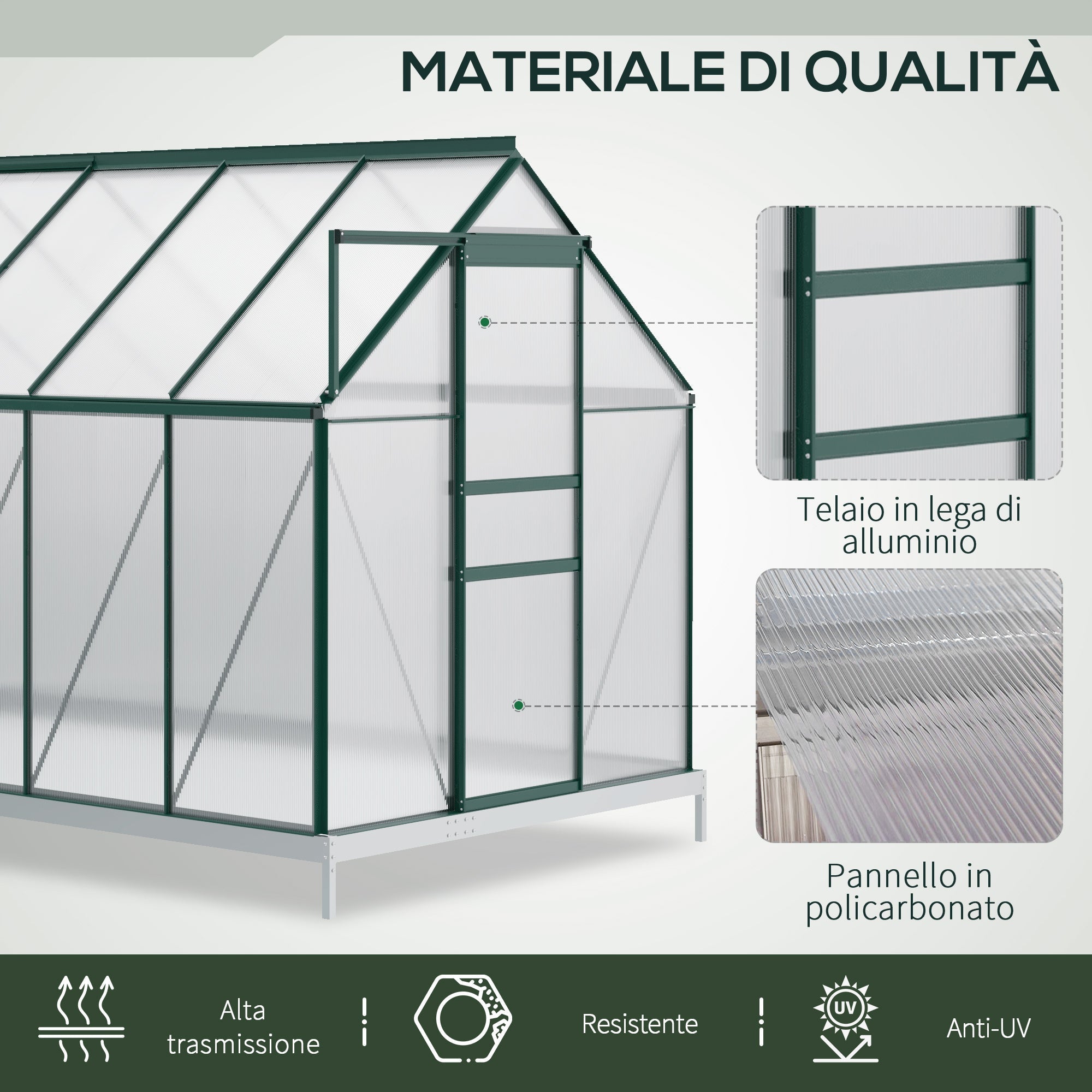 Polycarbonate Garden Greenhouse 190x375x199cm, with Opening Window and Sliding Door, Aluminum Frame, Green - Borge' Group Limited