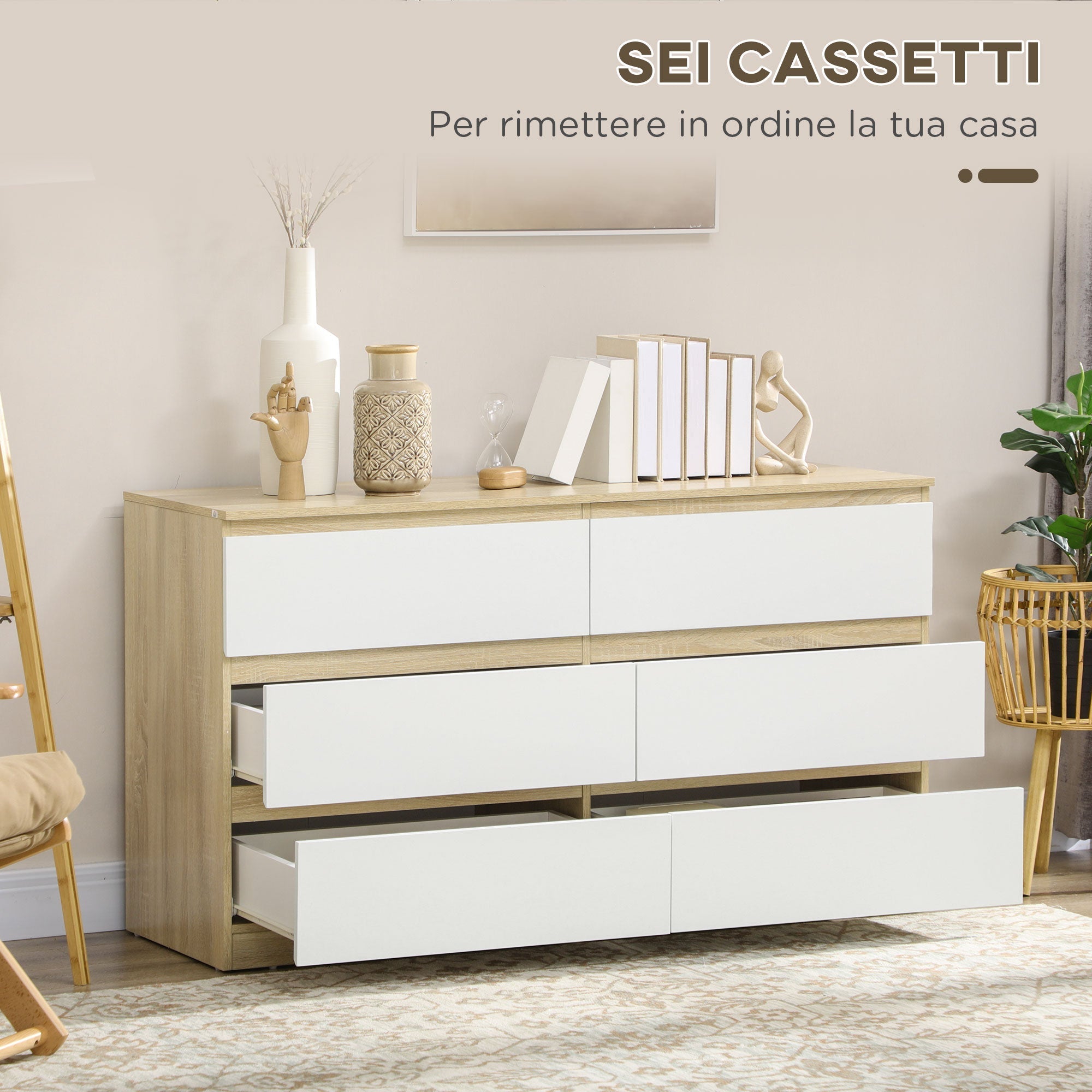 Drawer 6 Modern Drawers in Wooden, 135x48x77cm, White and Wood Color - Borgè