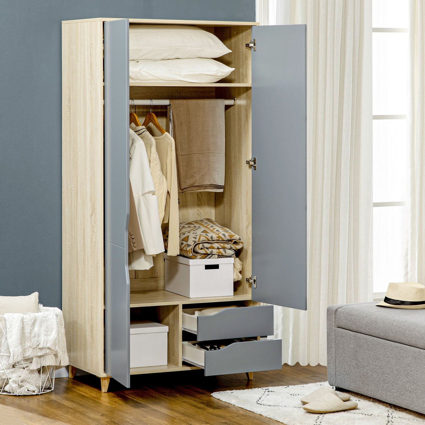 Wardrobe for Bedroom with 2 doors, 3 shelves and 2 drawers | 88.9x50.1x184.5 cm - Borgè