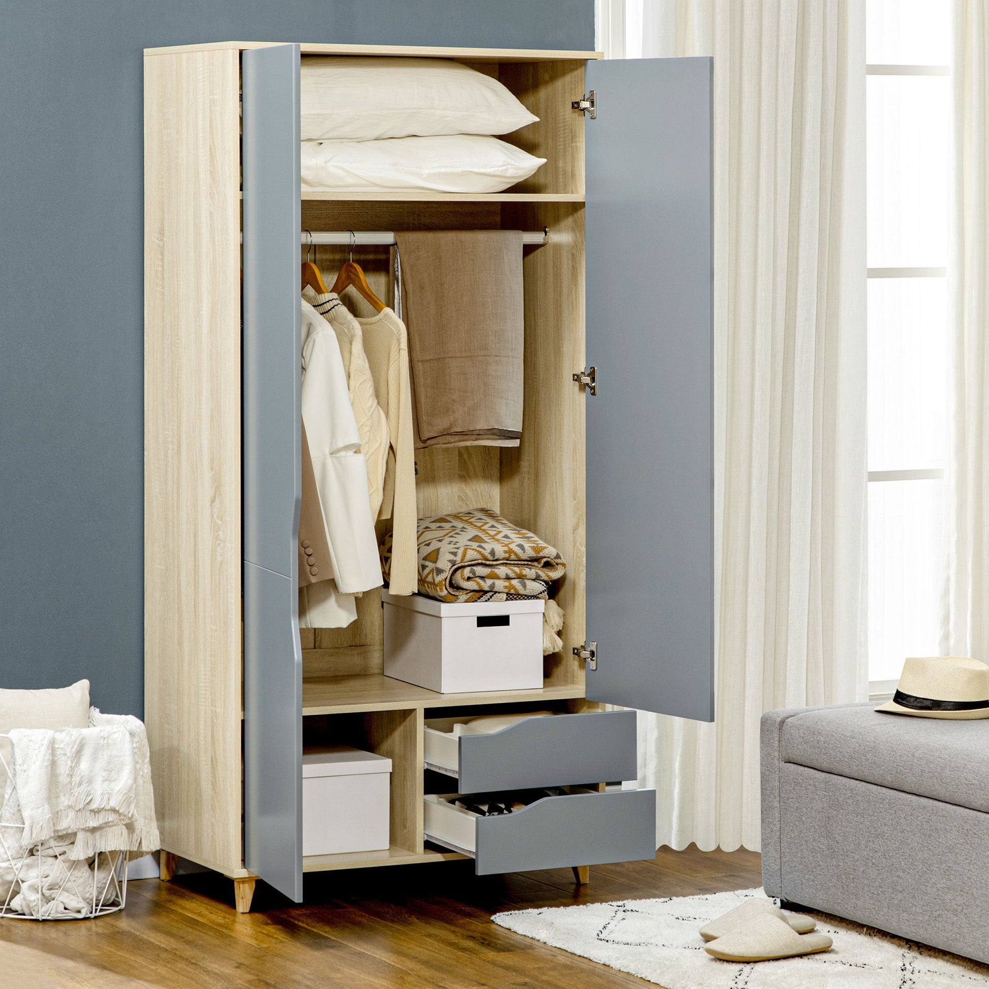 Wardrobe for Bedroom with 2 doors, 3 shelves and 2 drawers | 88.9x50.1x184.5 cm - Borgè