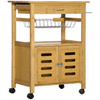 kitchen trolley with drawer, locker and removable wooden basket with swivel wheels, 66x36x79cm - Borgè