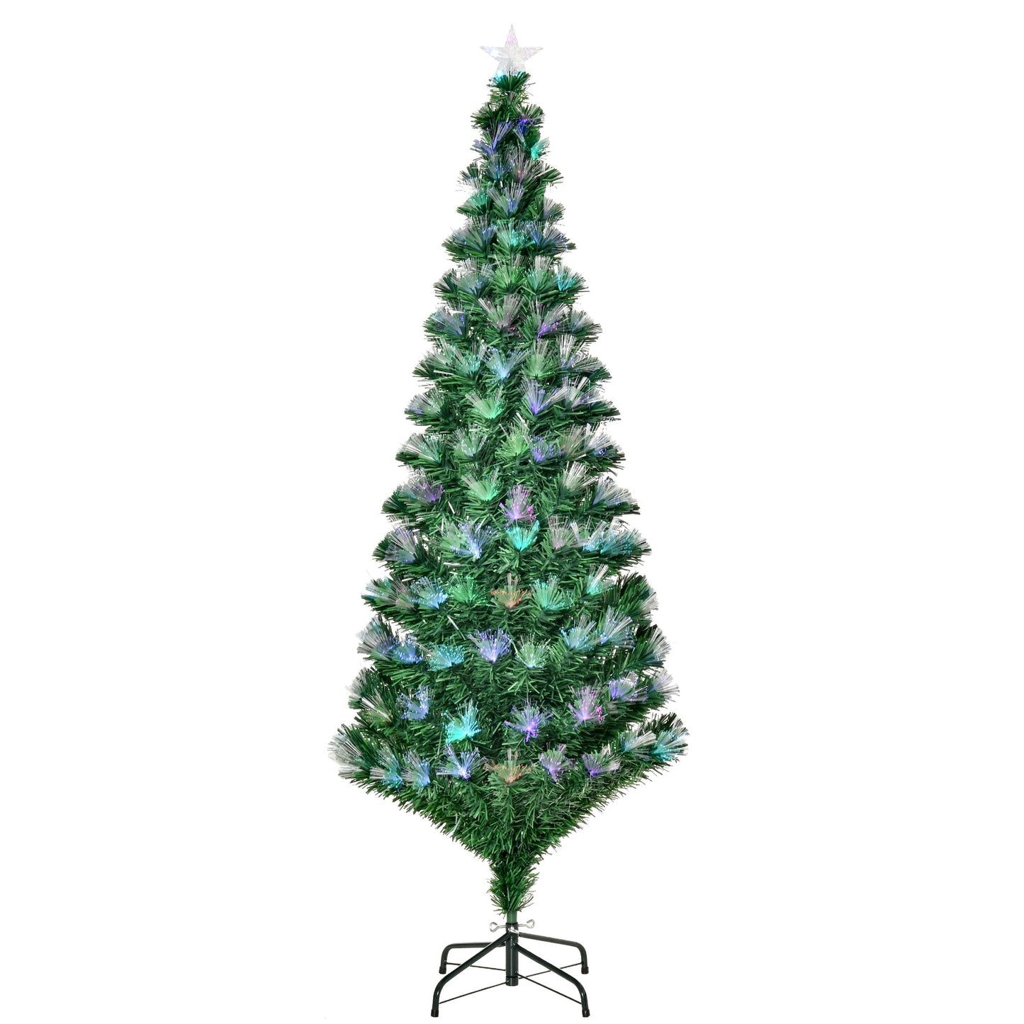 Christmas Tree with 230 LED Lights and Colourful Fiber Optic Lights, 180cm, 230 Fireproof PVC Branches and Metal Base - Borgè