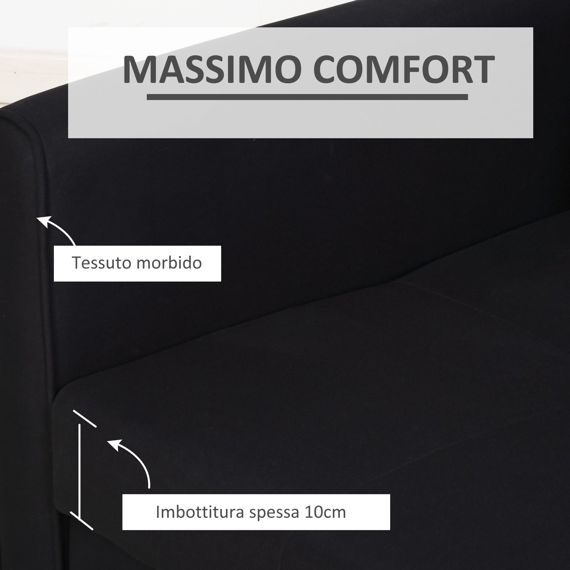 Sofa bed with storage space / 2 seater Sofa for living room and bedroom, in polycotone and rubber, dark Grey/Black - Borgè