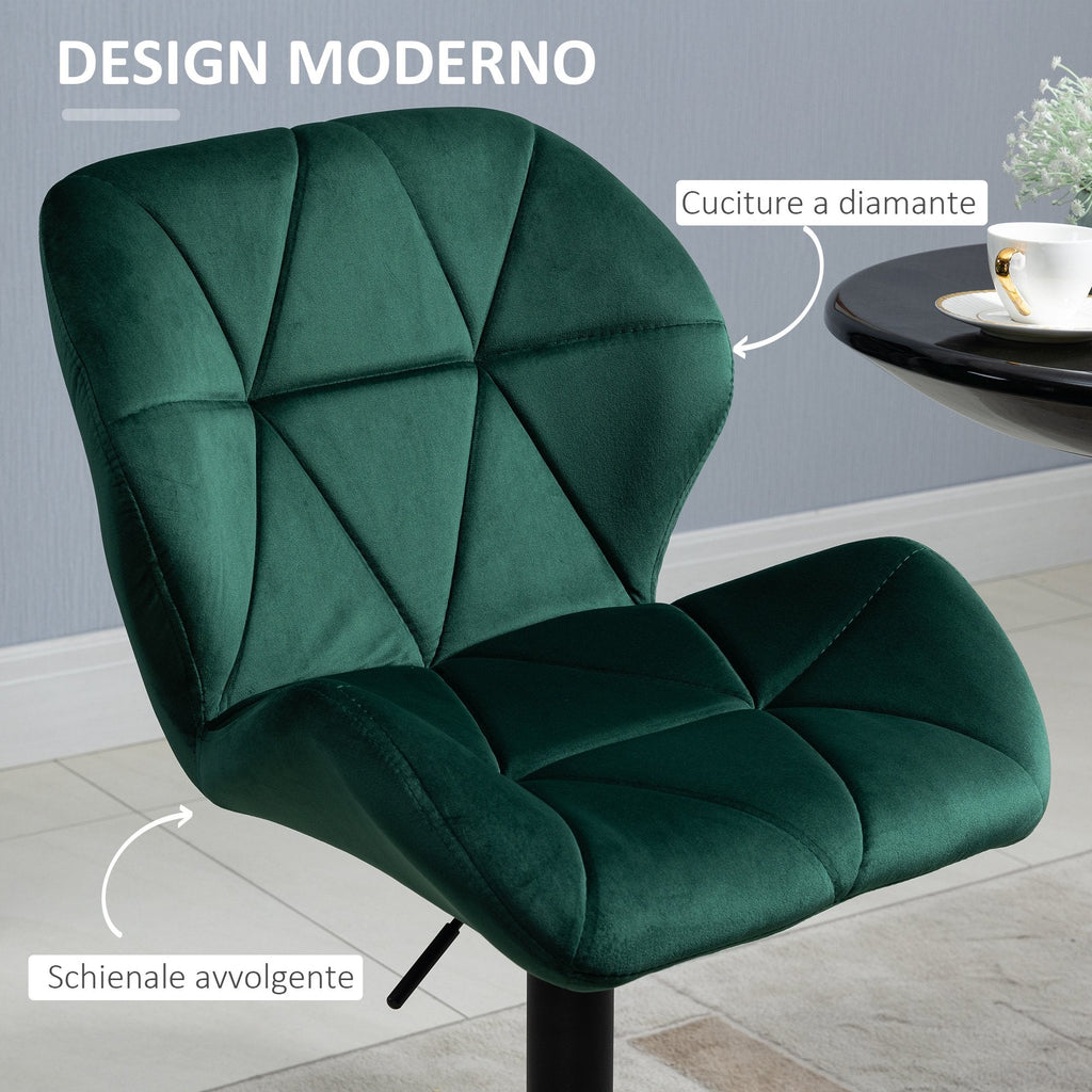 Set 2 swivel bar stools with adjustable height, velvet coating and round base - green - Borgè