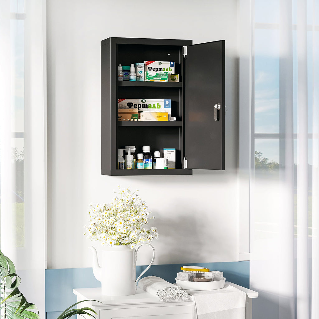 Kleankin Medicinal locker with 3 shelves and block with steel keys, 30x14x46cm, black - Borgè