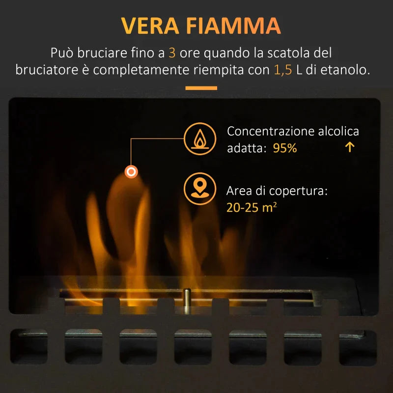 Metal Bioethanol Fireplace with 3h Combustion with 1.2L Tank and Cover | 25mÂ², 41x25x54 cm, Nero - Borgè