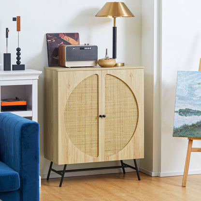 Boho Style Sideboard with 2 Doors in Wood and Rattan, 80x39x101.8cm Natural - Borgè