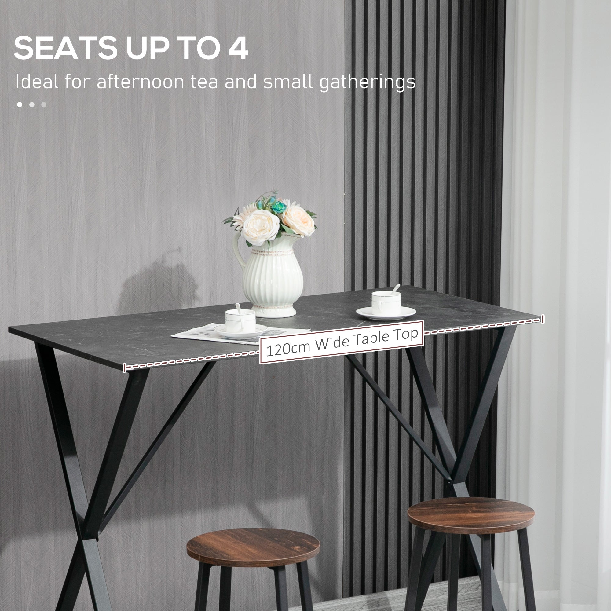 Bar counter and tall table modern industrial style marble effect wooden table and steel 120x60x102 black cm - Borgè