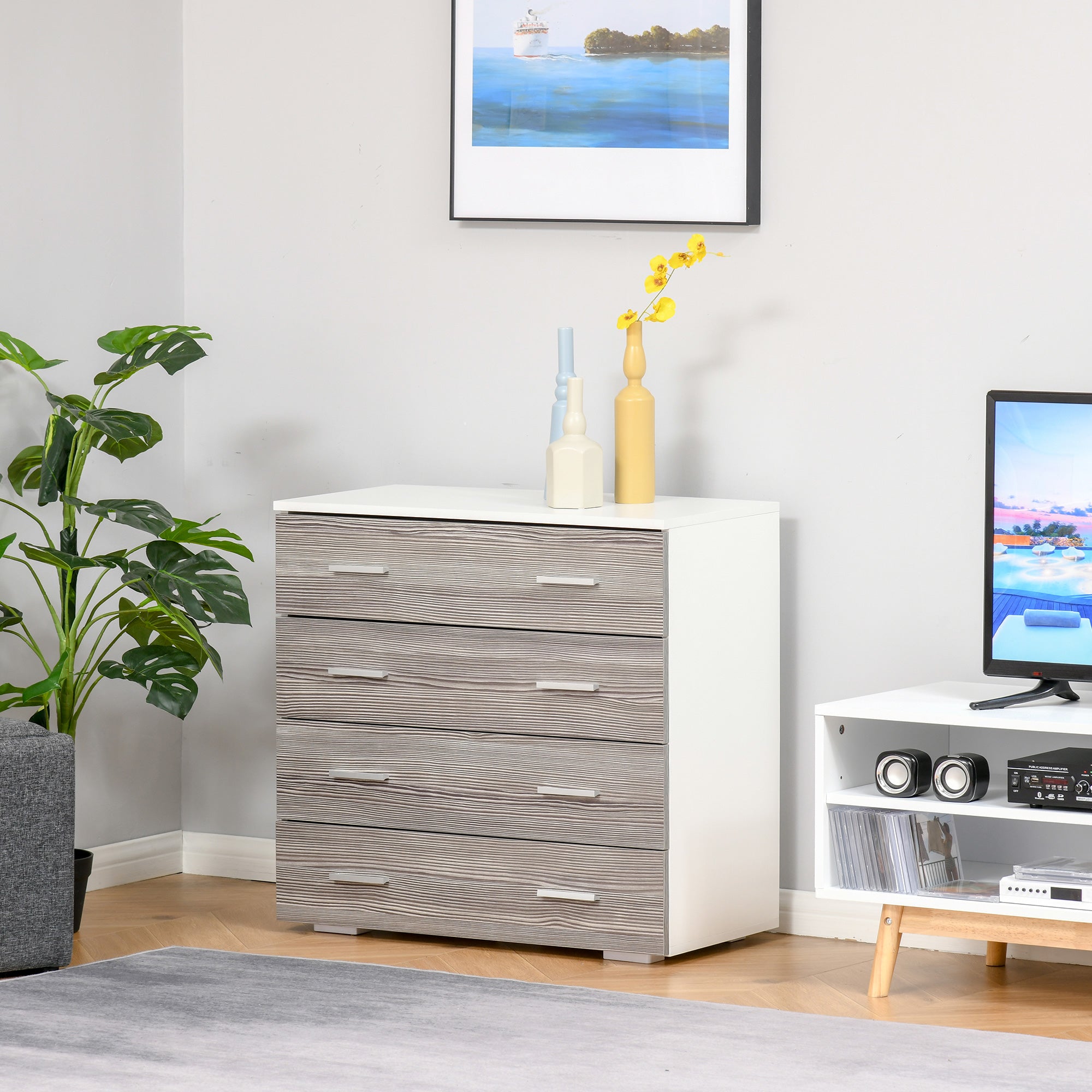 drawers with 4 drawers with aluminum handles and wooden structure, 76x35x72cm, Grey white - Borgè