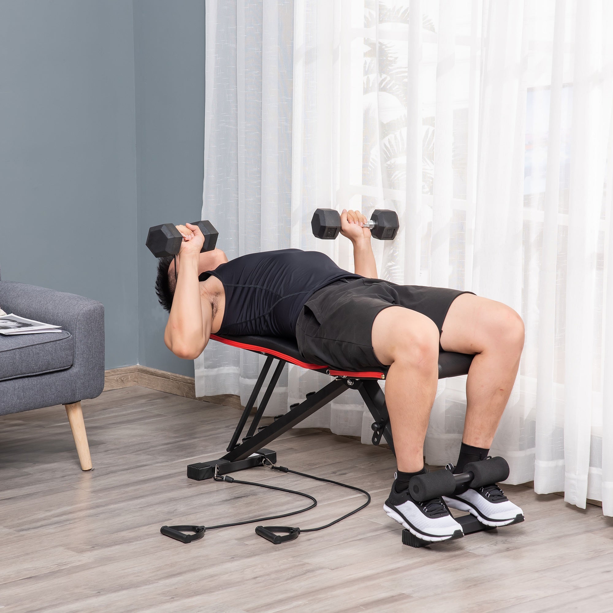 Multifunctional Abdominal and Weight Bench, Adjustable Incline and Elastic Bands, 130x48x48-109cm, Black - Borge' Group Limited