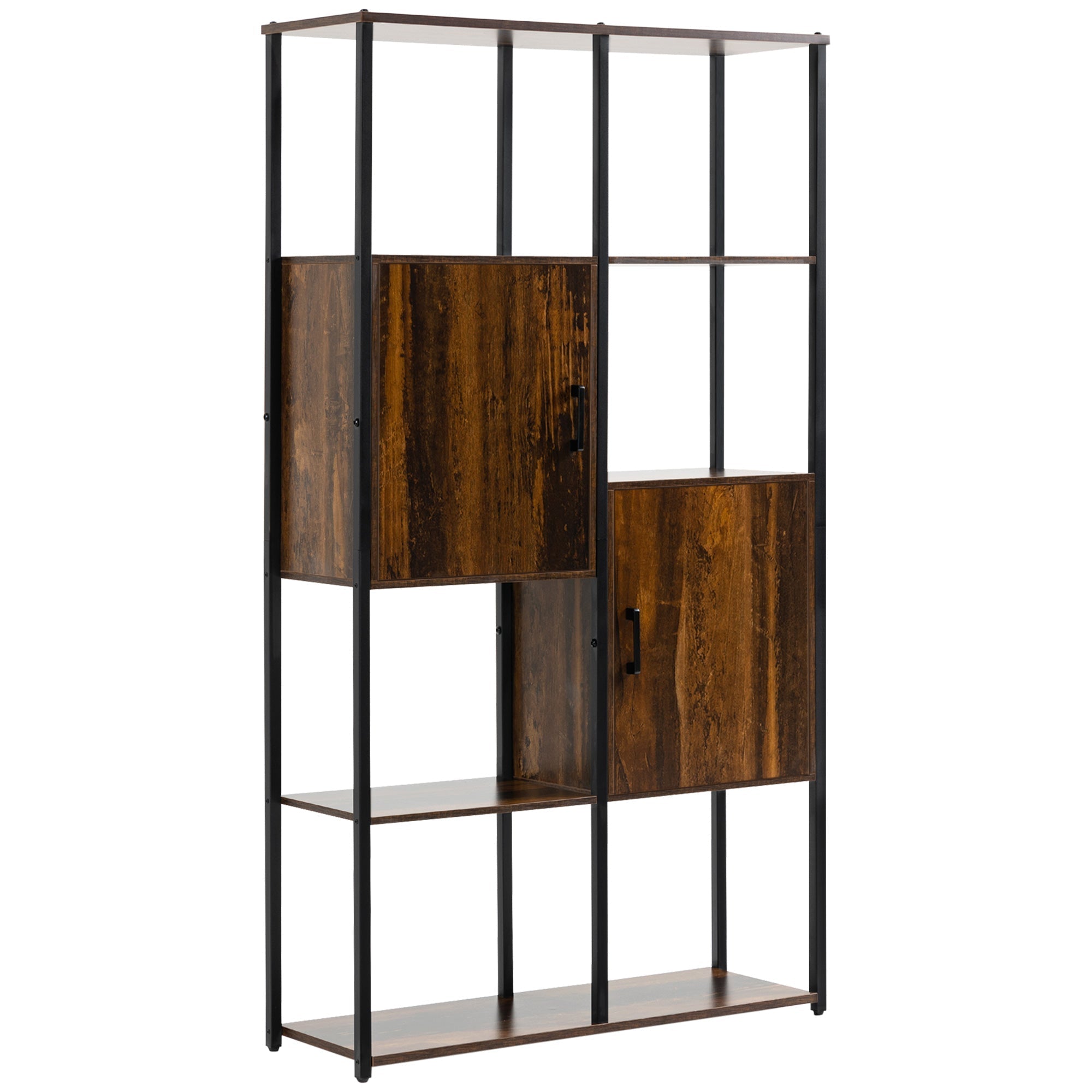 Homond industrial style bookcase with 4 shelves and 2 lockers, 90x30x159.5cm, black and brown - Borgè