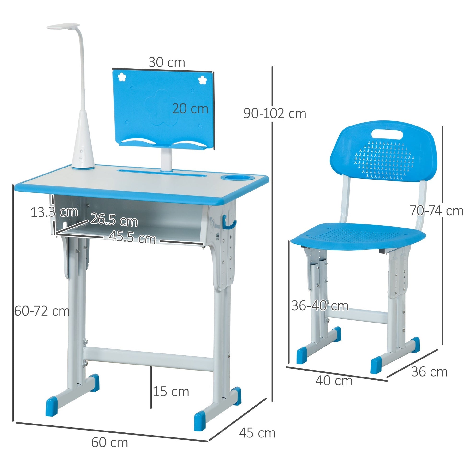 School desk with children's chair 6-12 years adjustable height lectern LED lamp and cappenen - blue - Borgè