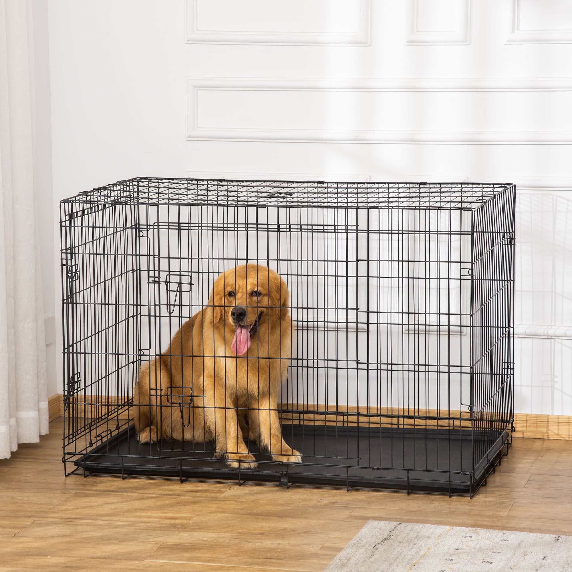 Pet Cage Foldable Steel Double Opening Dog and Cat Carrier, 121x77x82cm, Black - Borge' Group Limited