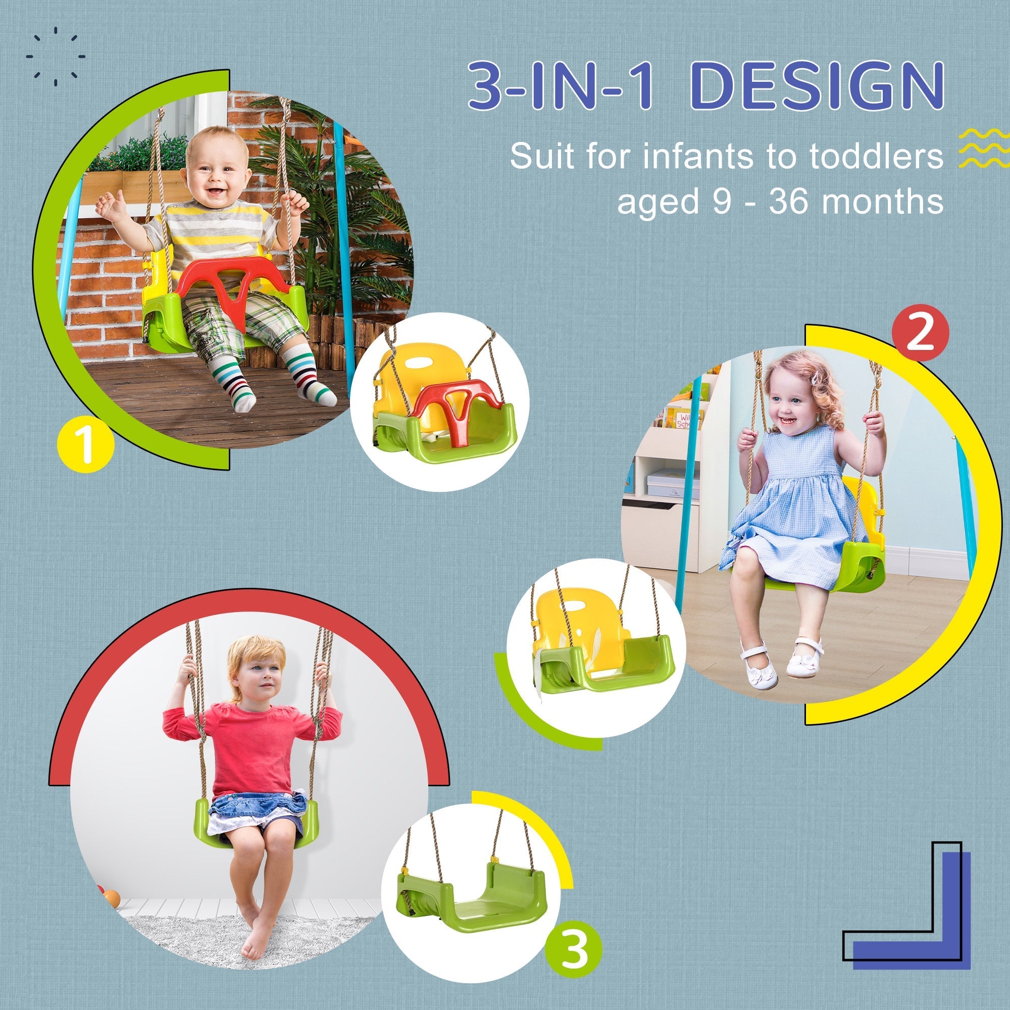 Outsunny swing for children 9-36 months in pp and pe with adjustable rope and belt, 42x33x120-180 cm - Borgè