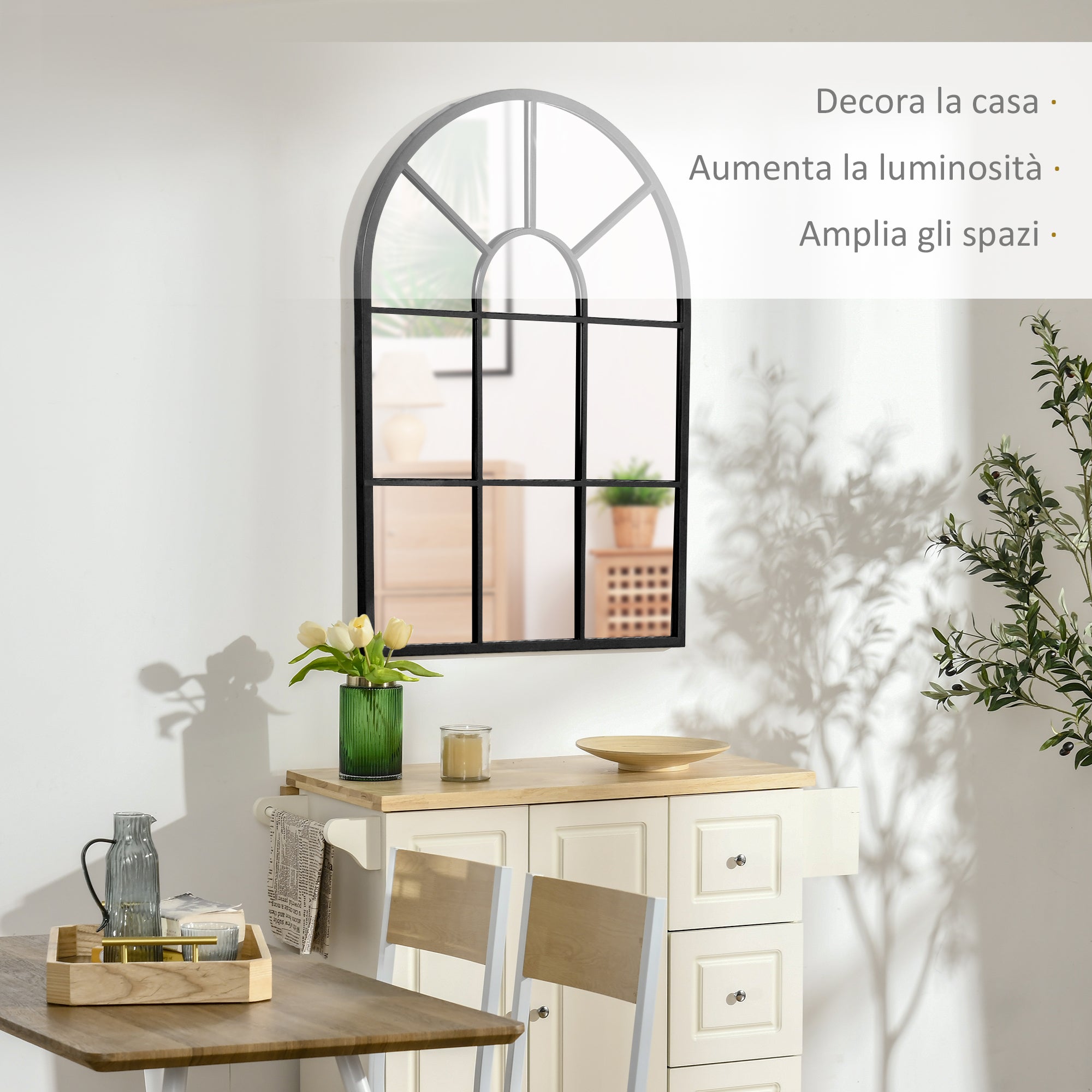 Modern Wall and Arco -shaped mirror 91x60 cm for bedroom and living room, in black and glass metal - Borgè