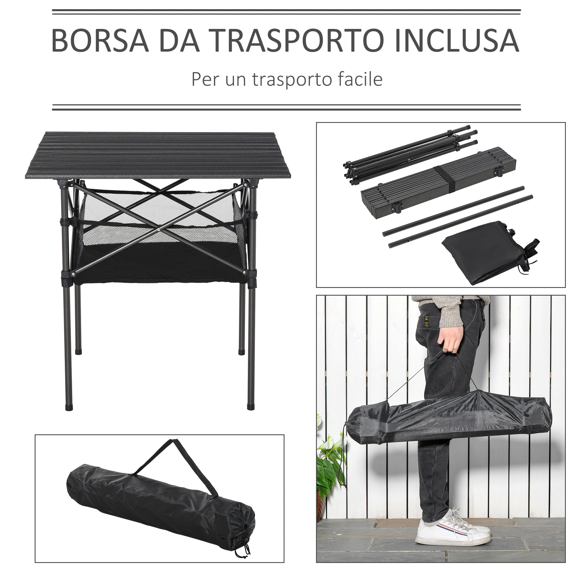 Folding Camping Picnic Table, Space-Saving and Rollable with Travel Bag, Black 70x70x69cm - Borge' Group Limited