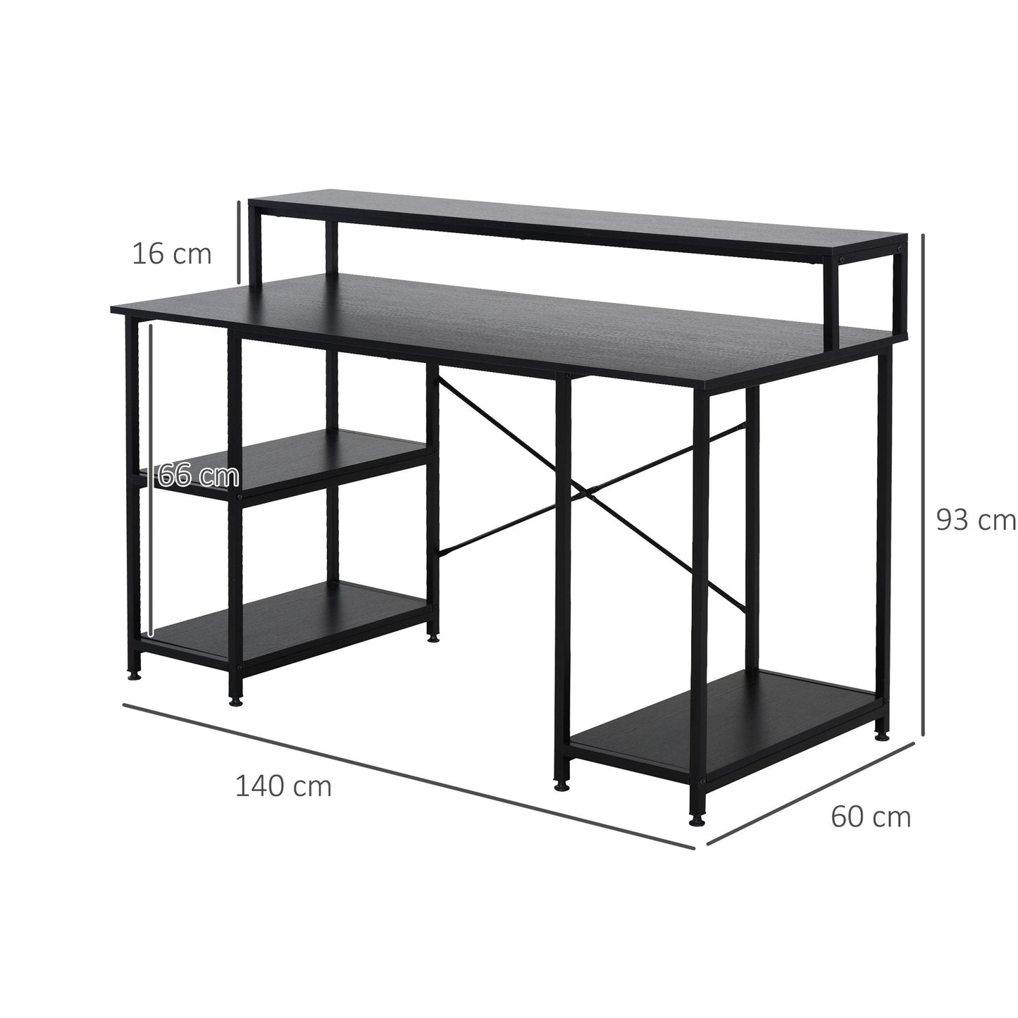 computer desk with shelves for monitor and CPU, home office desk, study and work, black, 140 x 60 x 93cm - Borgè