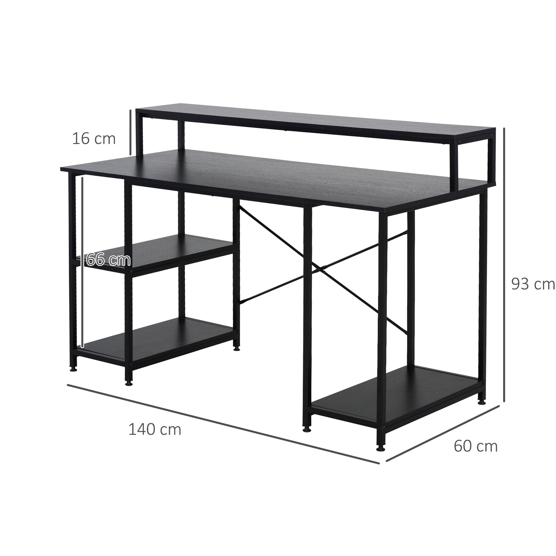 computer desk with shelves for monitor and CPU, home office desk, study and work, black, 140 x 60 x 93cm - Borgè