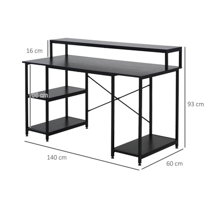 computer desk with shelves for monitor and CPU, home office desk, study and work, black, 140 x 60 x 93cm - Borgè