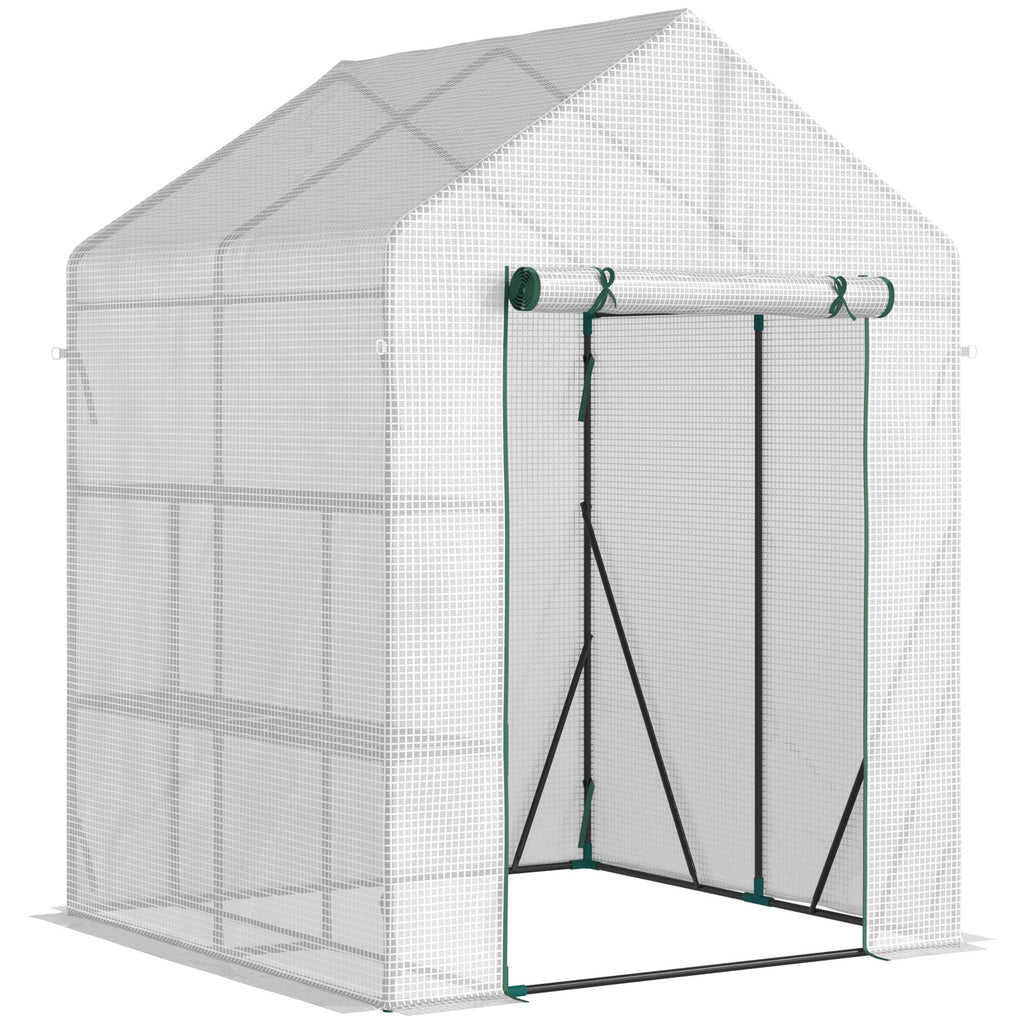 Outdoor Garden Greenhouse in Steel and PE with 2 Shelves and Roller Door, 143x143x195 cm, White - Borge' Group Limited