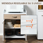 Kitchen Trolley Road for microwave with drawer, locker and 4 wheels, in wood, 60x40x77cm - white/oak - Borgè