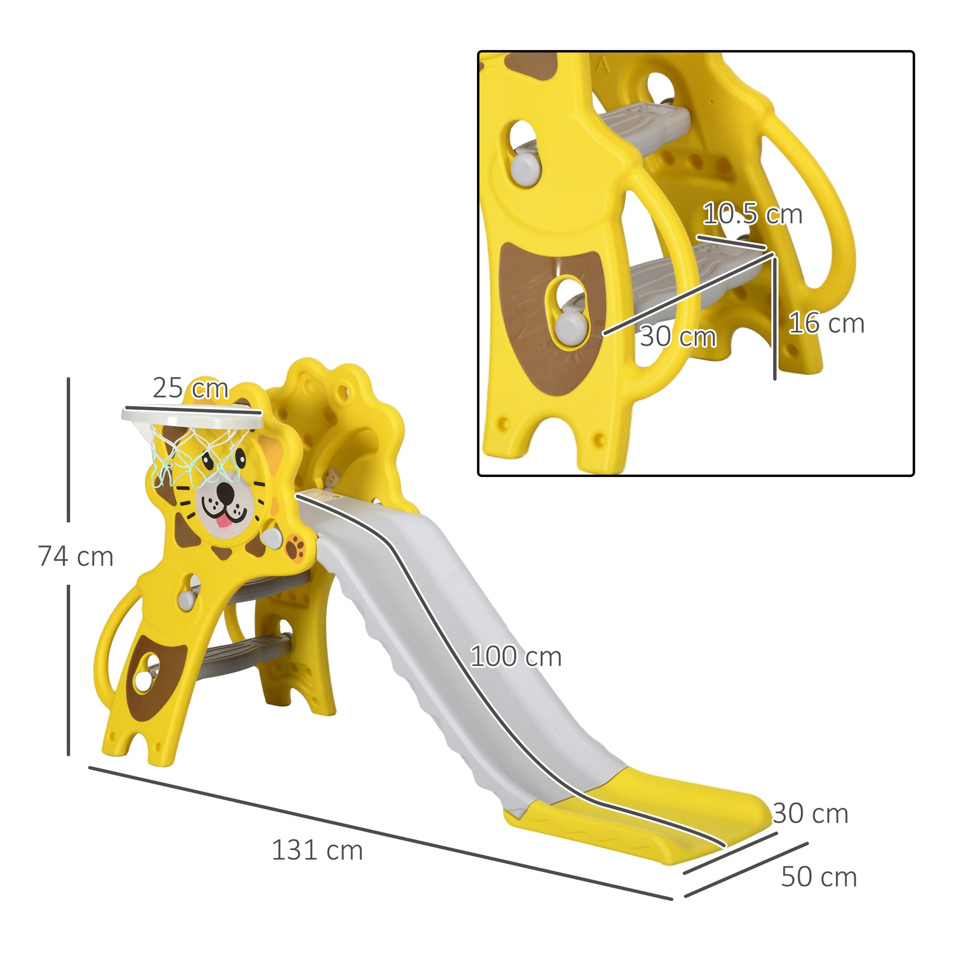 Children's Slide 18-36 Months with Lateral PE Basketball Hoop, 131x50x74 cm, Yellow and Grey - Borgè