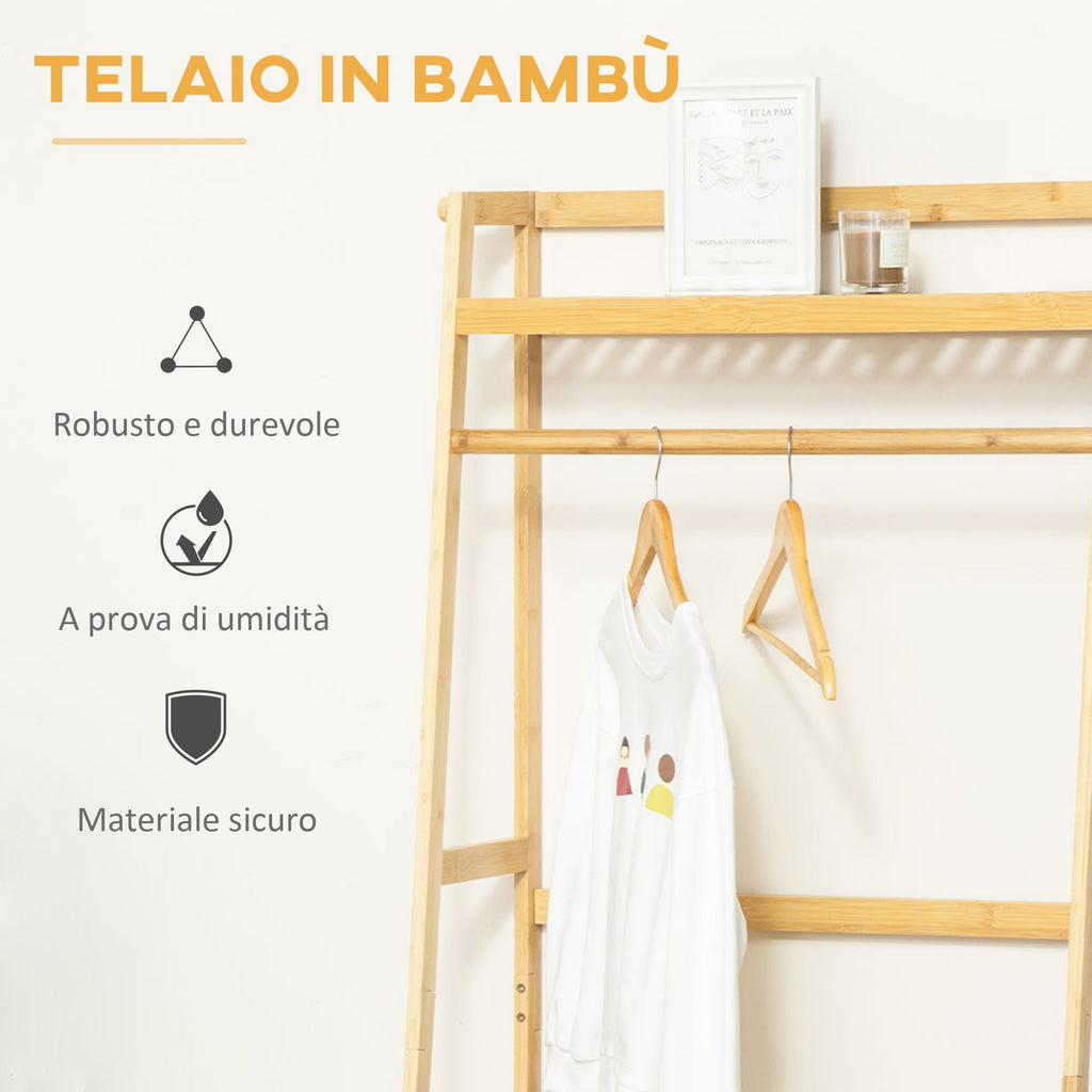 hanger in bamboo wood from the ground with shelves, 70x42x164cm, wood color - Borgè