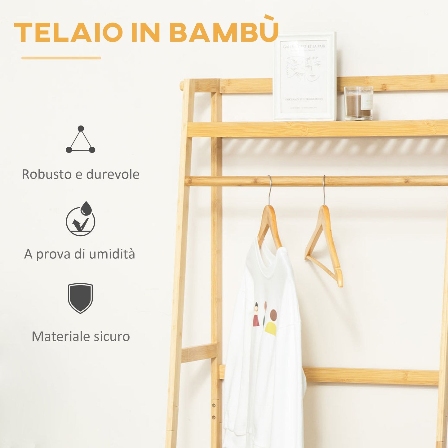 hanger in bamboo wood from the ground with shelves, 70x42x164cm, wood color - Borgè