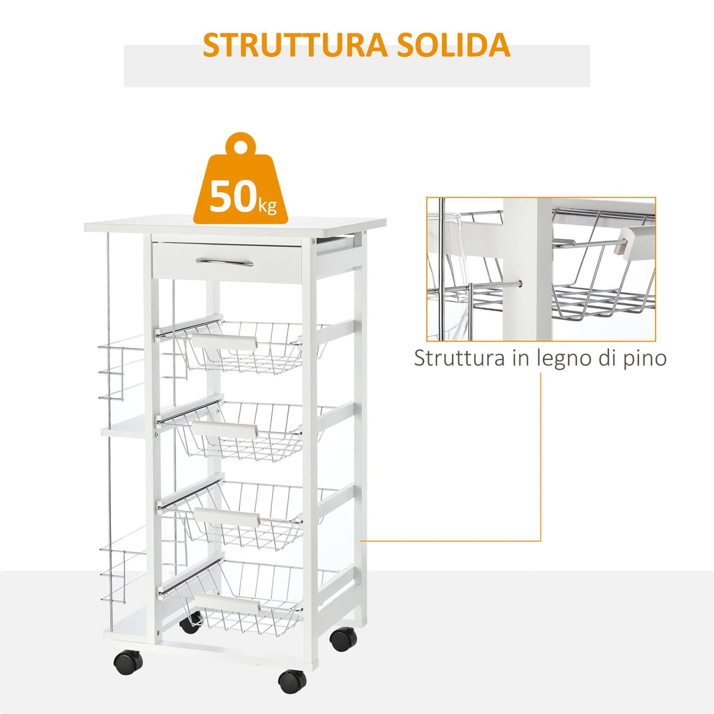 white wooden kitchen trolley with 1 drawer and 4 metal baskets - Borgè
