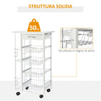 white wooden kitchen trolley with 1 drawer and 4 metal baskets - Borgè