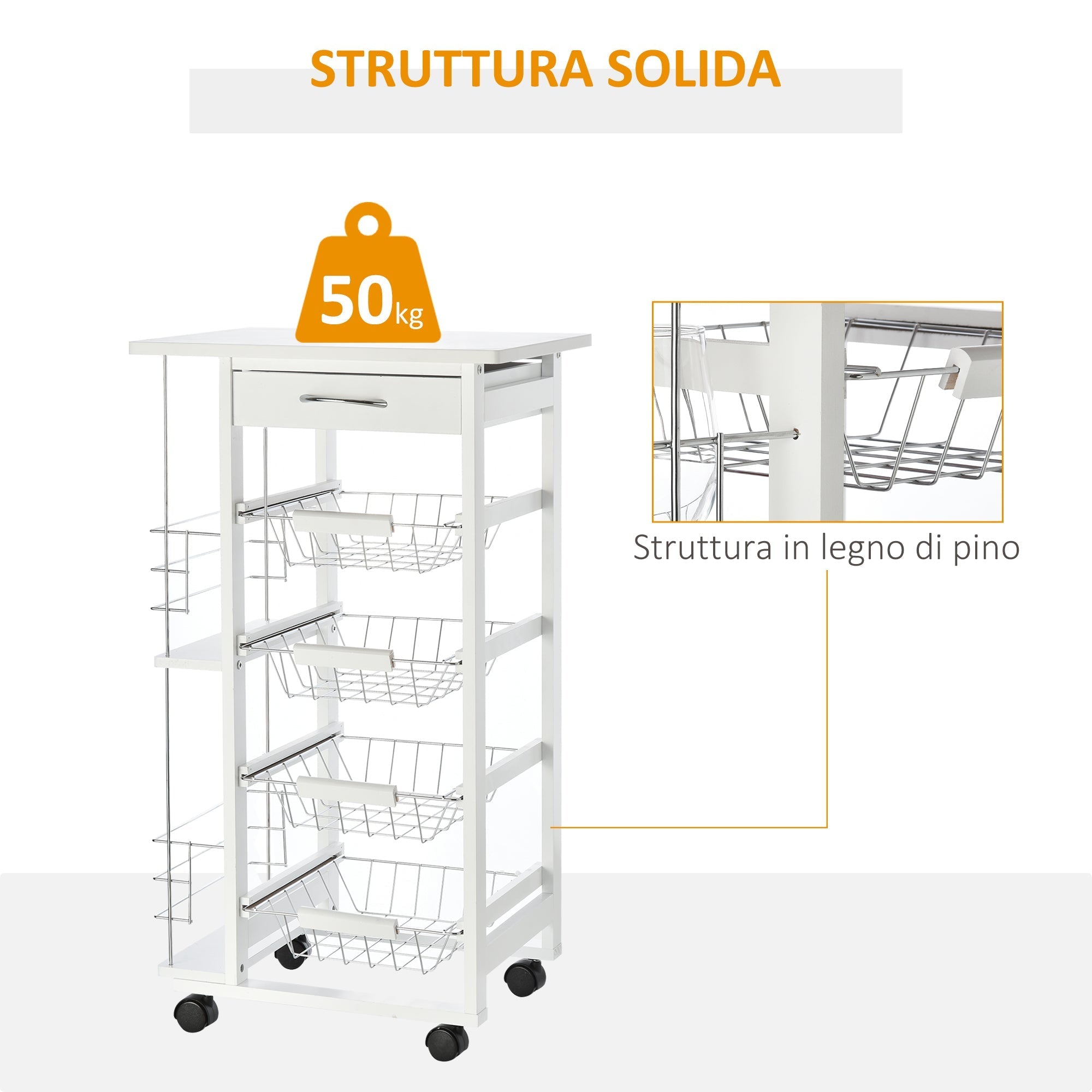white wooden kitchen trolley with 1 drawer and 4 metal baskets - Borgè