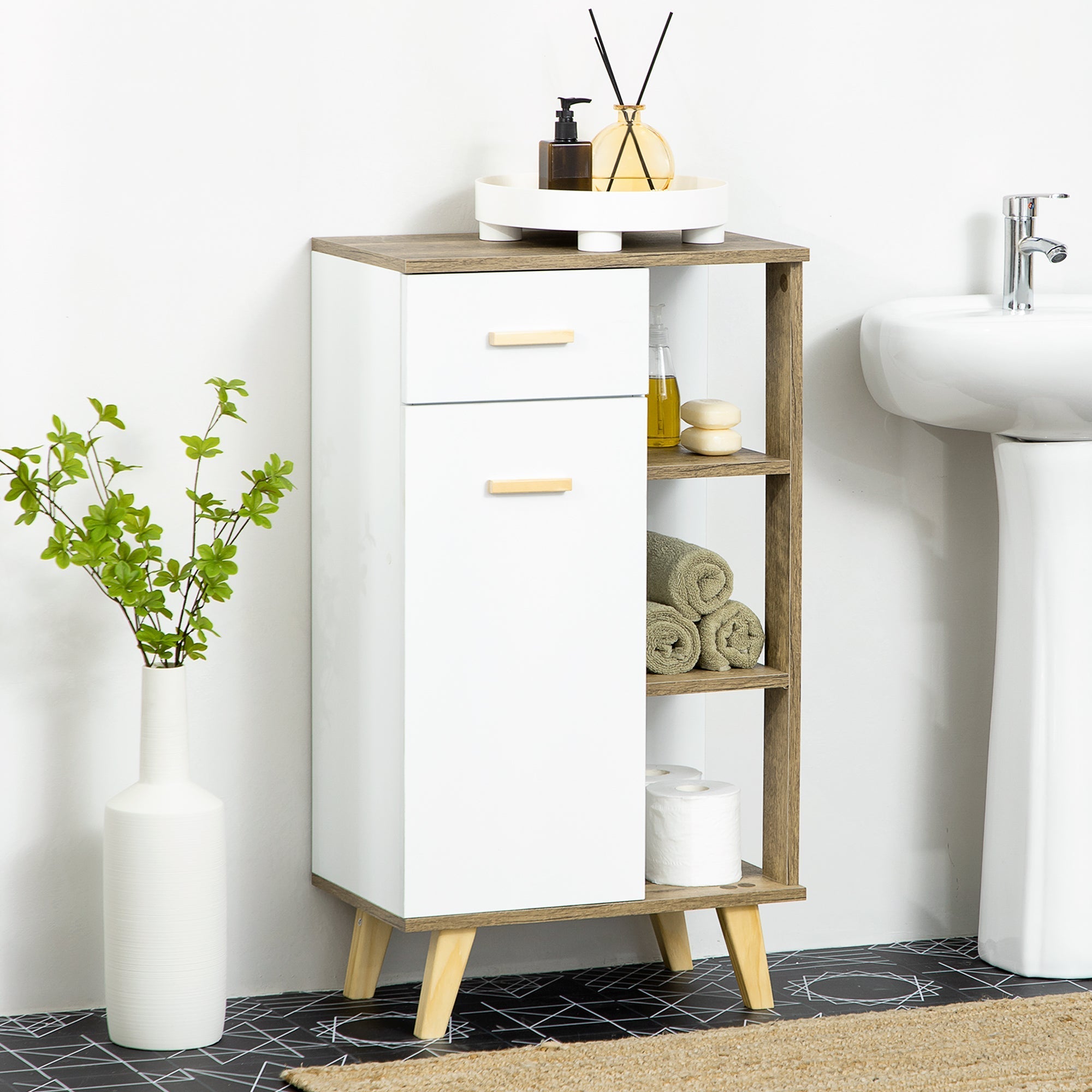 Kleankin Modern bathroom cabinet with locker, drawer and wooden shelves, 50x30x89cm, white - Borgè