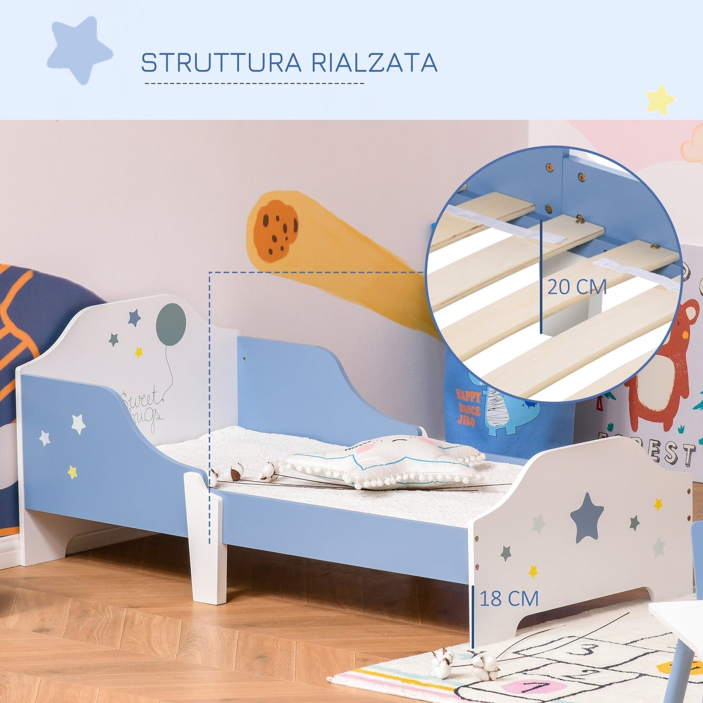 read low for boys and girls of +3 years with sides, blue and white bed, 143 x 74 x 59 cm - Borgè