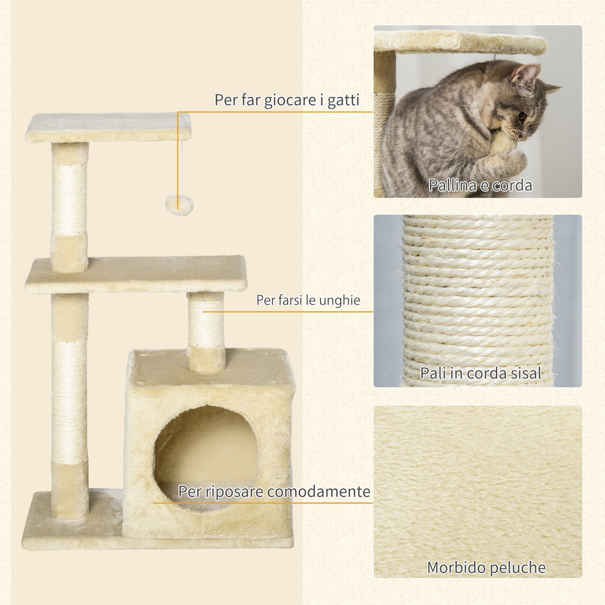 Beige Cat Tree for cats with Scratch Pole  50 x 30 x 80CM - Borge' Group Limited