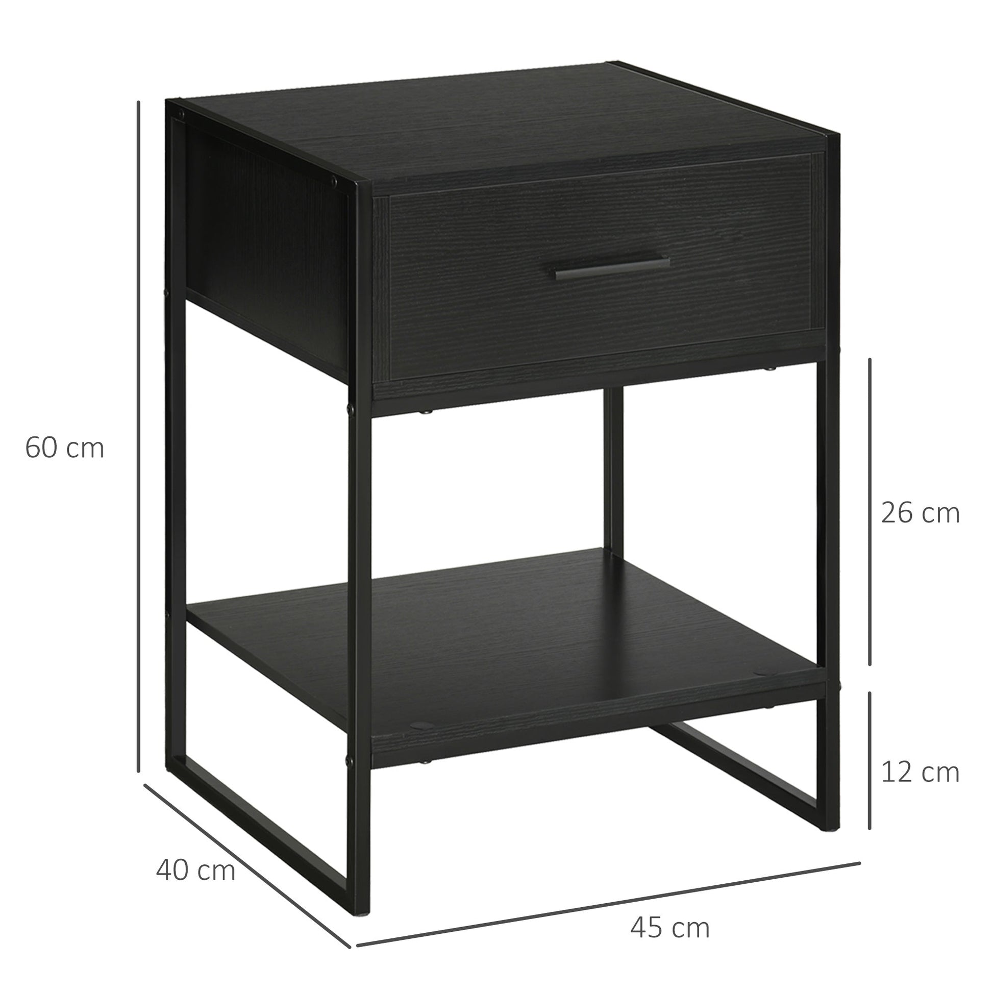 Modern bedside table set 2 pieces with drawer and open shelf, in mdf and steel, 45x40x60cm, black - Borgè