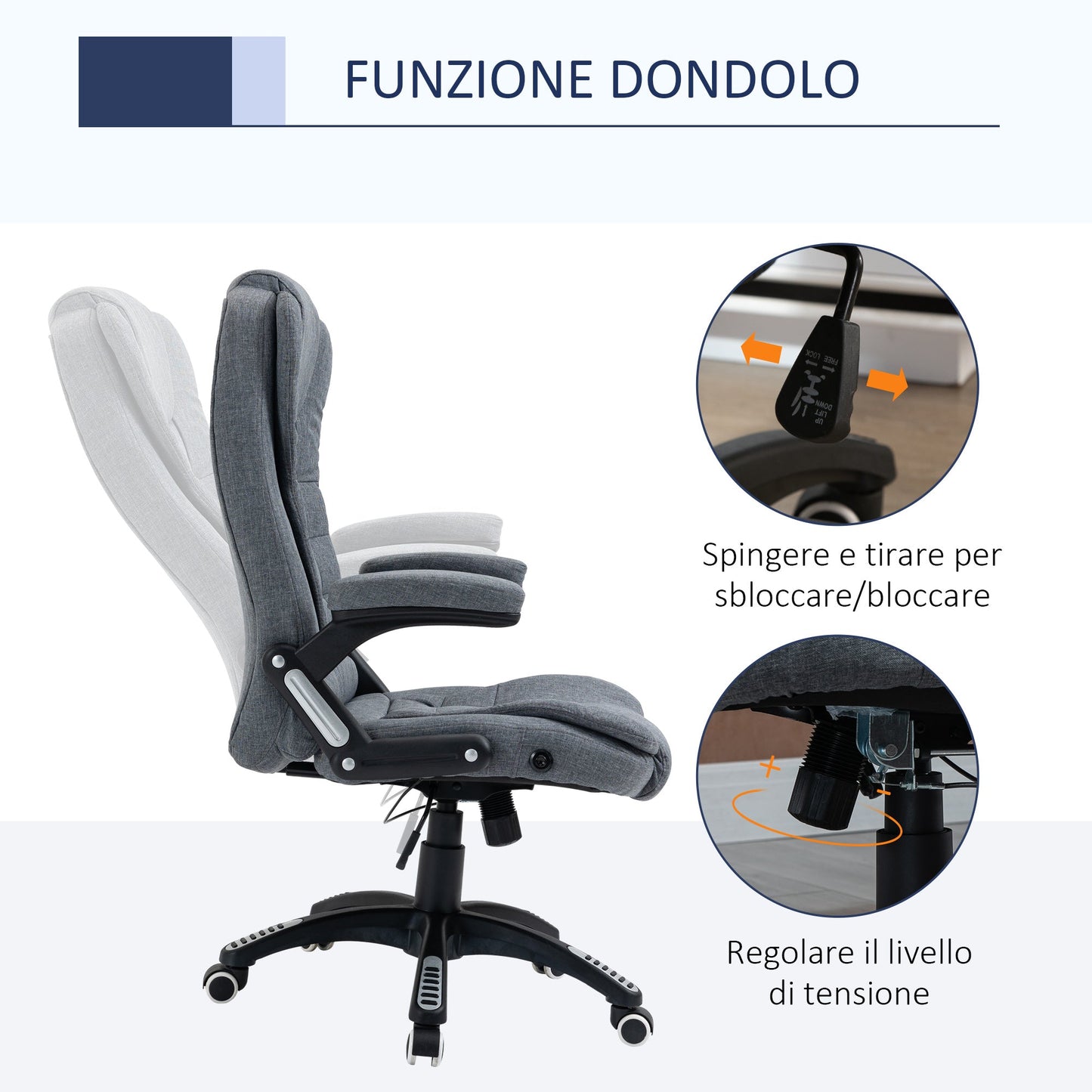 Reclinable ergonomic office chair, adjustable height and swinging, swivel armchair with wheels, 65x72x110-120cm, Grey