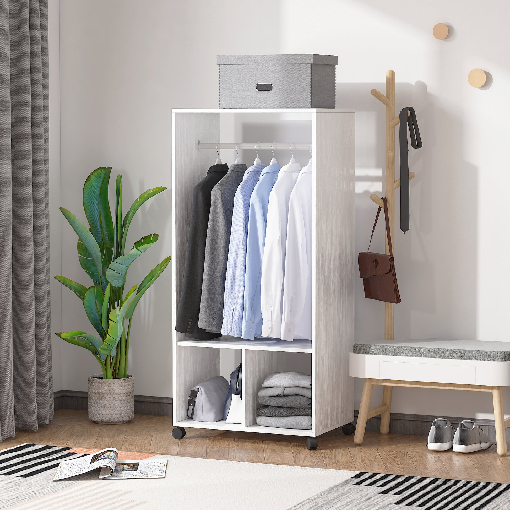 Homcom Mobile Available with aluminum bar and 2 open shelves, in chipboard, 60x40x128 cm, white - Borgè