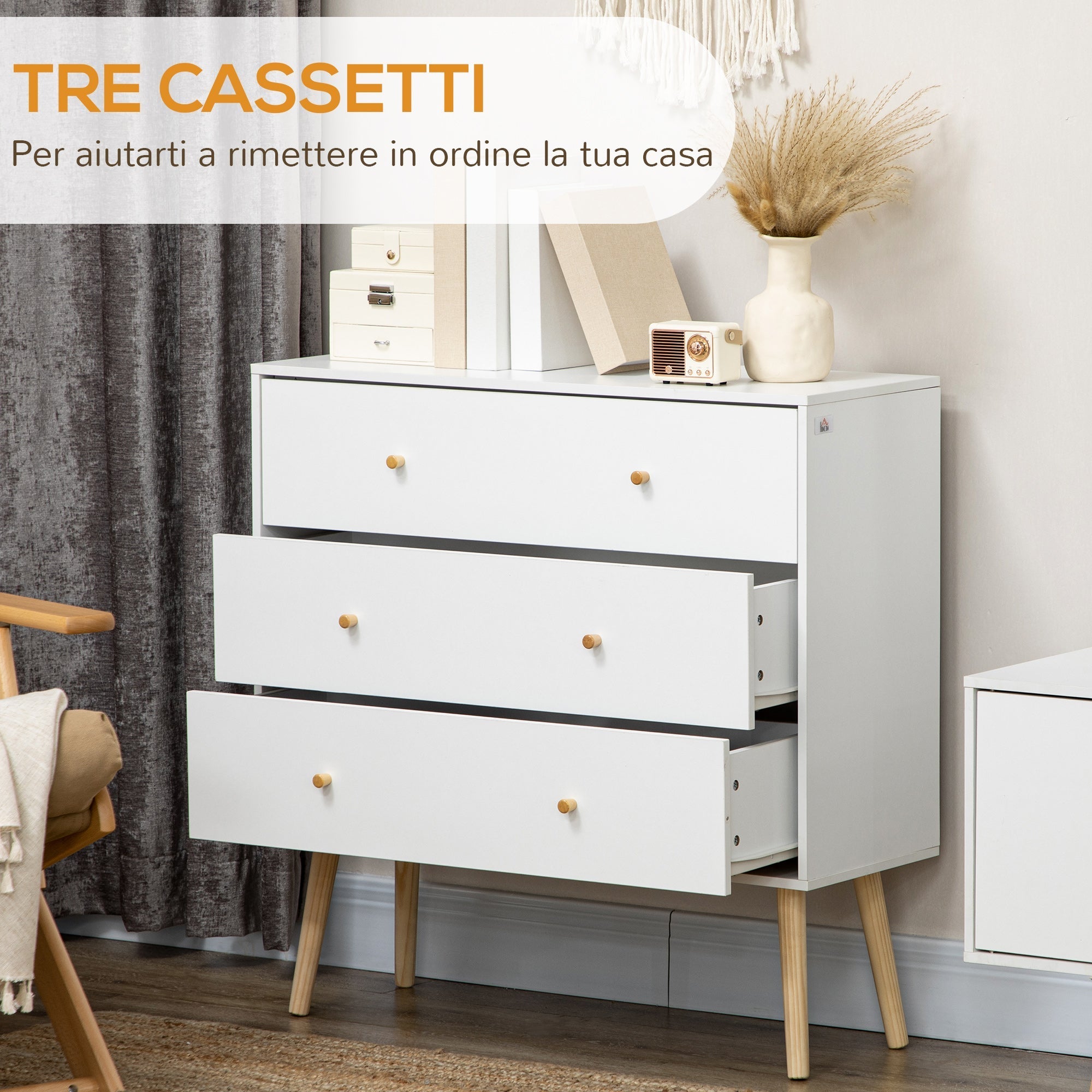 chest of drawers 3 drawers with chipped handles and pine wood for living room and room, 80x30x80 cm, white - Borgè