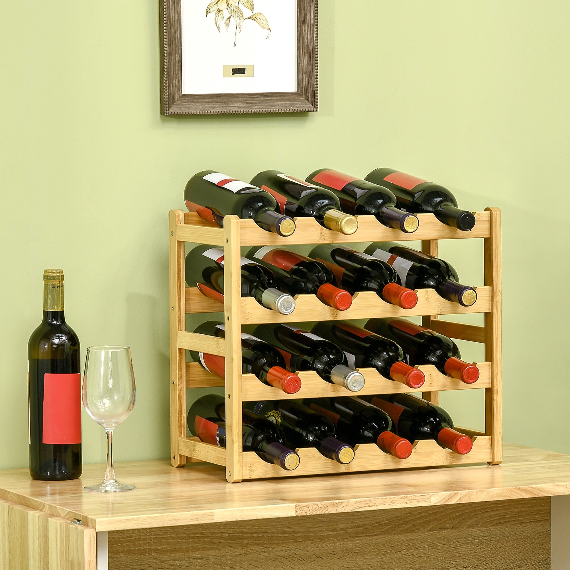 4 -level wine rack shelf for 16 bamboo wood bottles, 43x23.5x38cm - Borgè