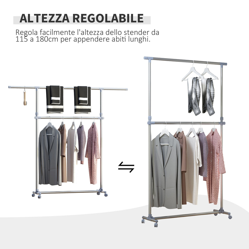 Stenter bend with adjustable height and extension, 4 swivel wheels, stainless steel and ABS, 165x48x180cm - Borgè