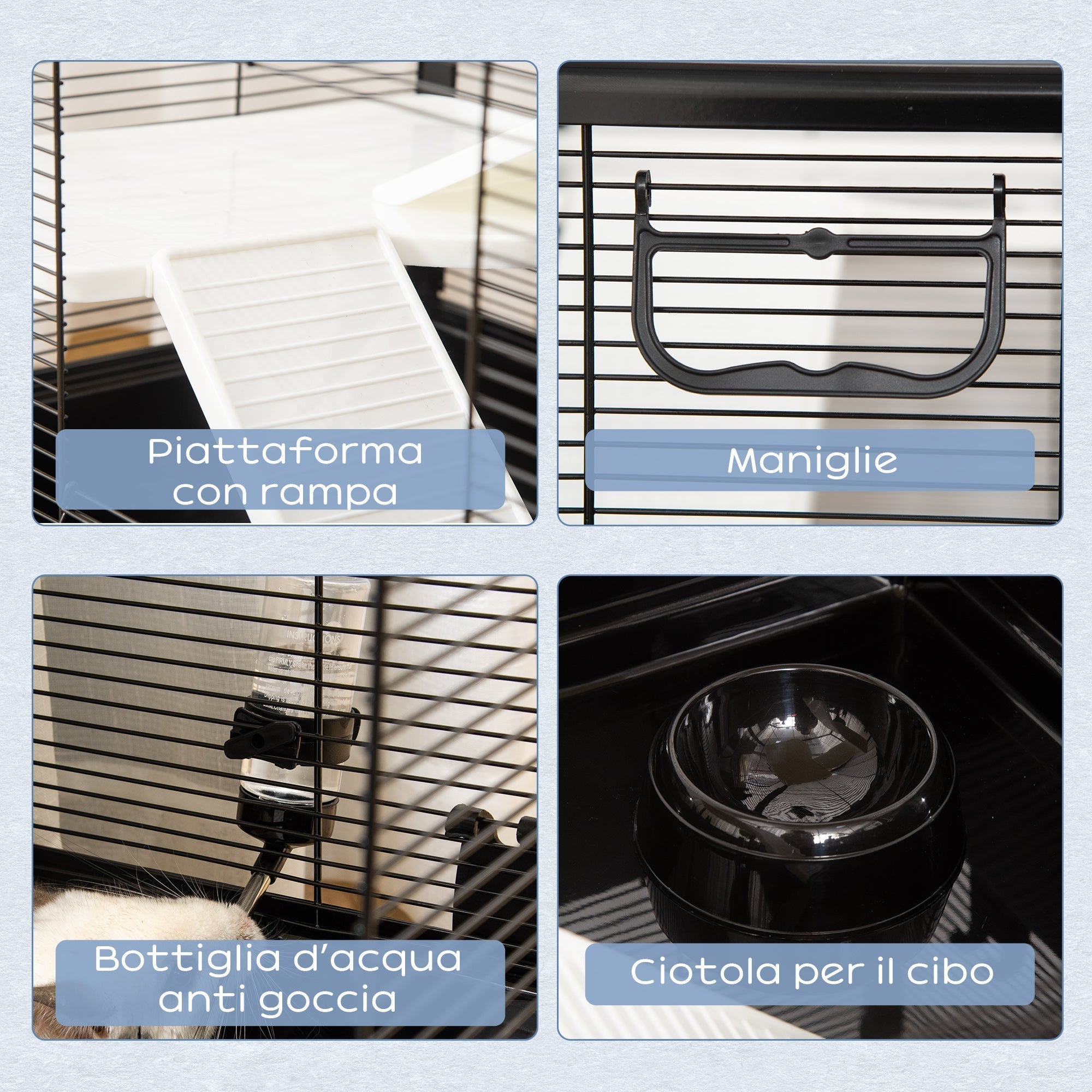 Guinea Pig Cage with Handle, Water Tank, Ramp and Tray, 80x48x58cm, Black - Borge' Group Limited