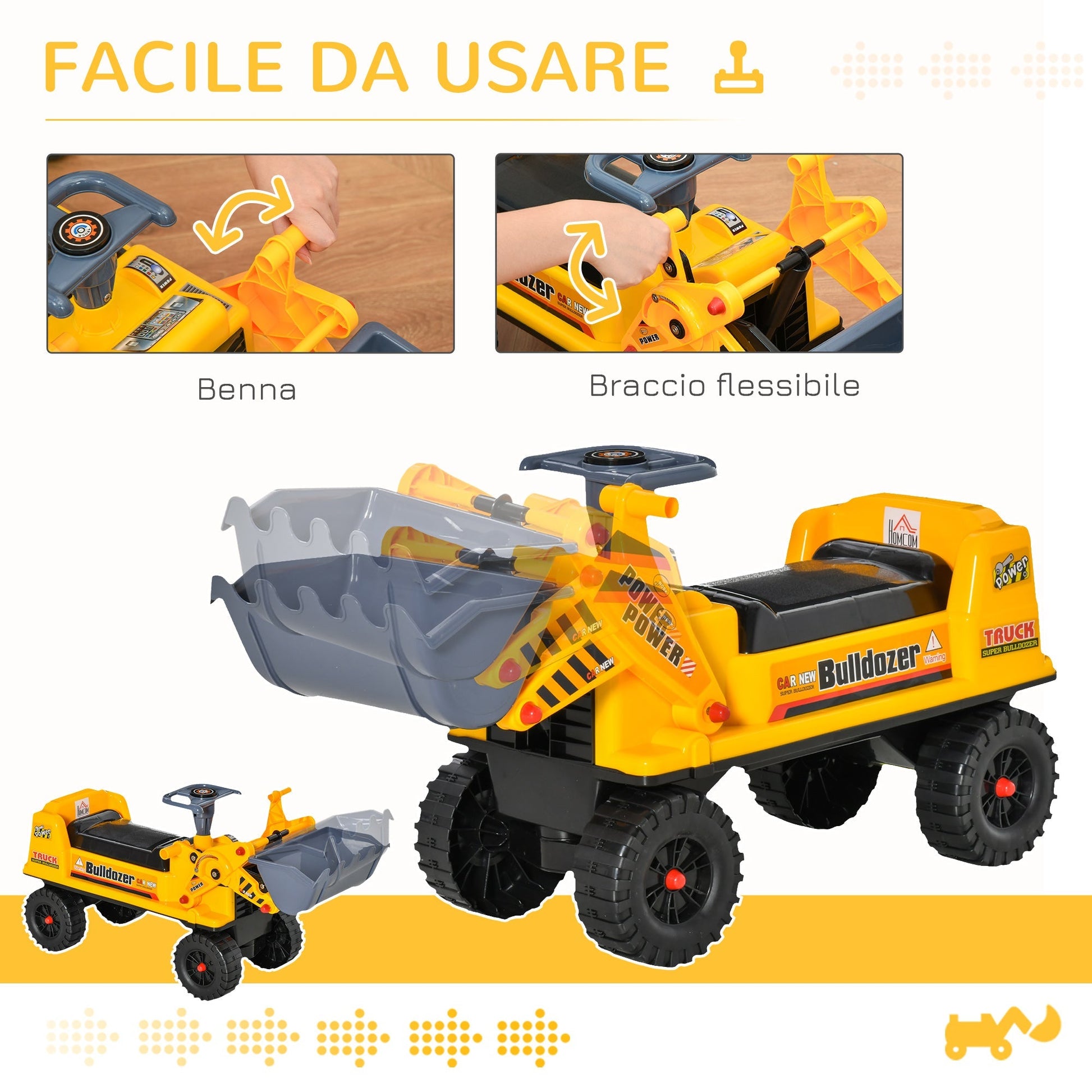 Ruspa toy with steering wheel, manual excavator and hidden compartment, children's rideable game 2-3 years, 70x26x37cm, yellow - Borgè